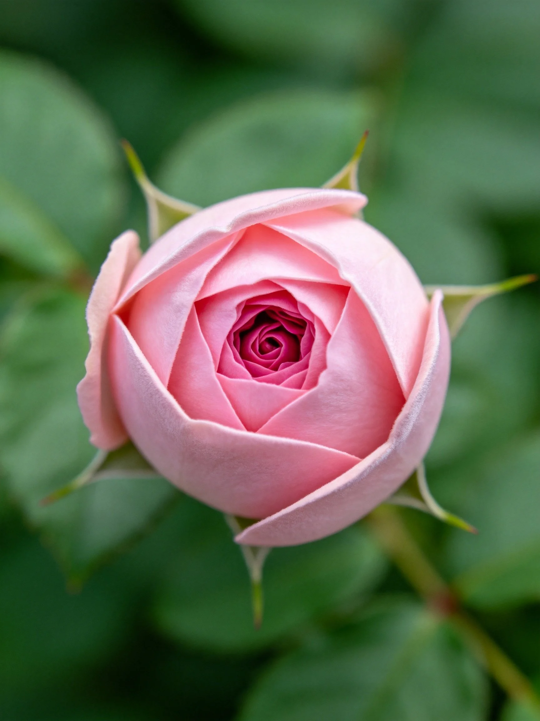 A close - up of a soft pink rosebud with green foliage in the background
