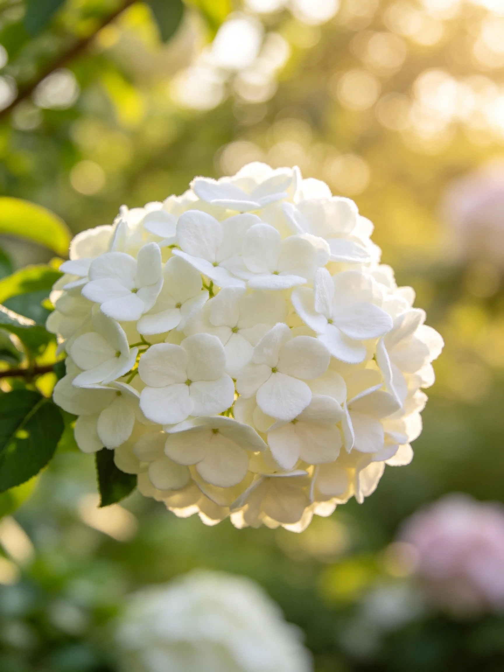 A close - up of a spherical white hydrangea bloom