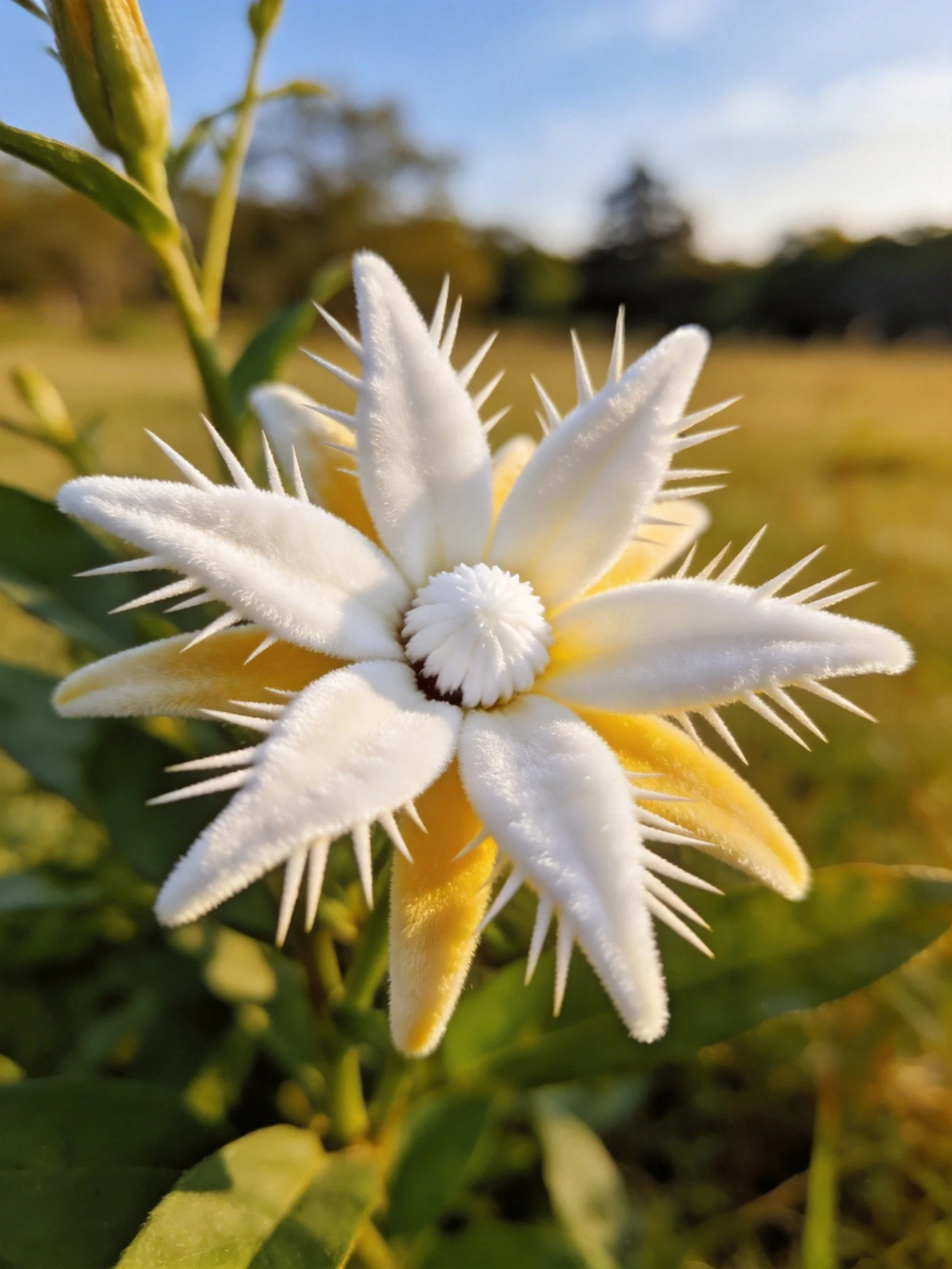 A close - up of a spiky white and yellow flower with green foliage