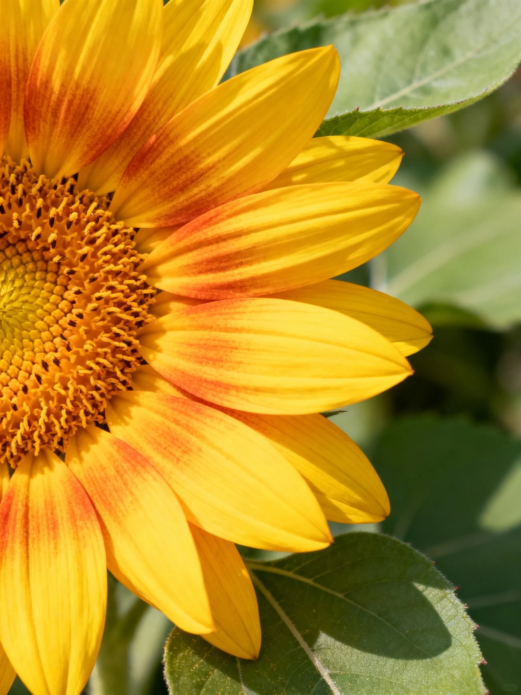 A close - up of a sunflower with yellow petals and orange accents