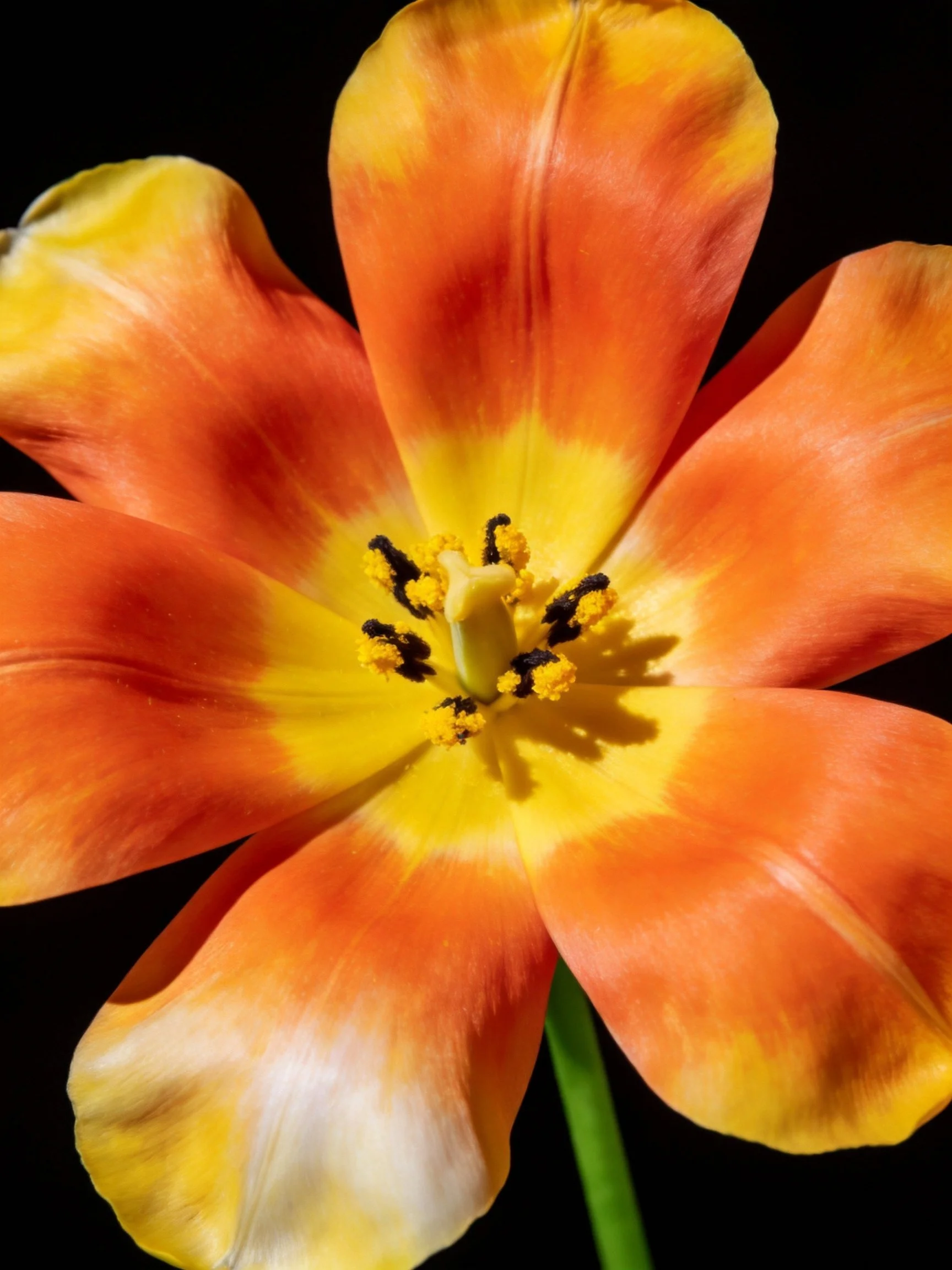 A close - up of a tulip with orange and yellow gradient petals