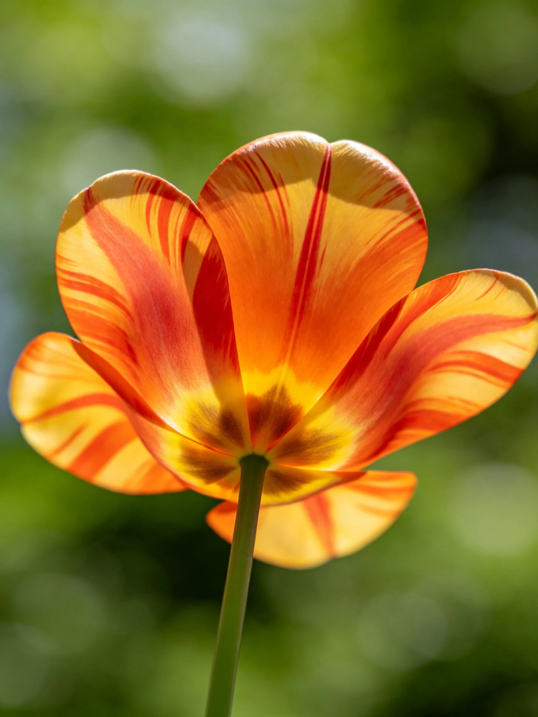A close - up of a tulip with orange, yellow, and red striped petals
