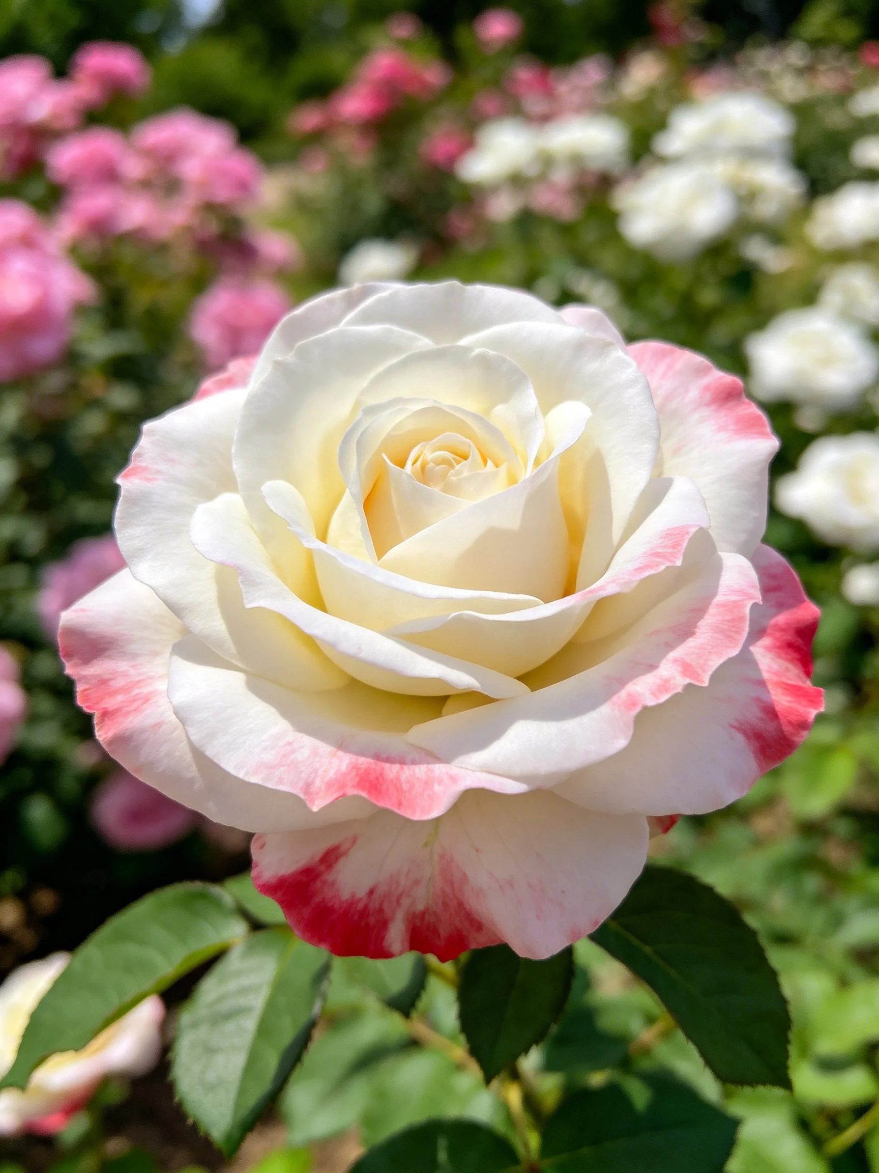 A close - up of a variegated rose with white and pink petals
