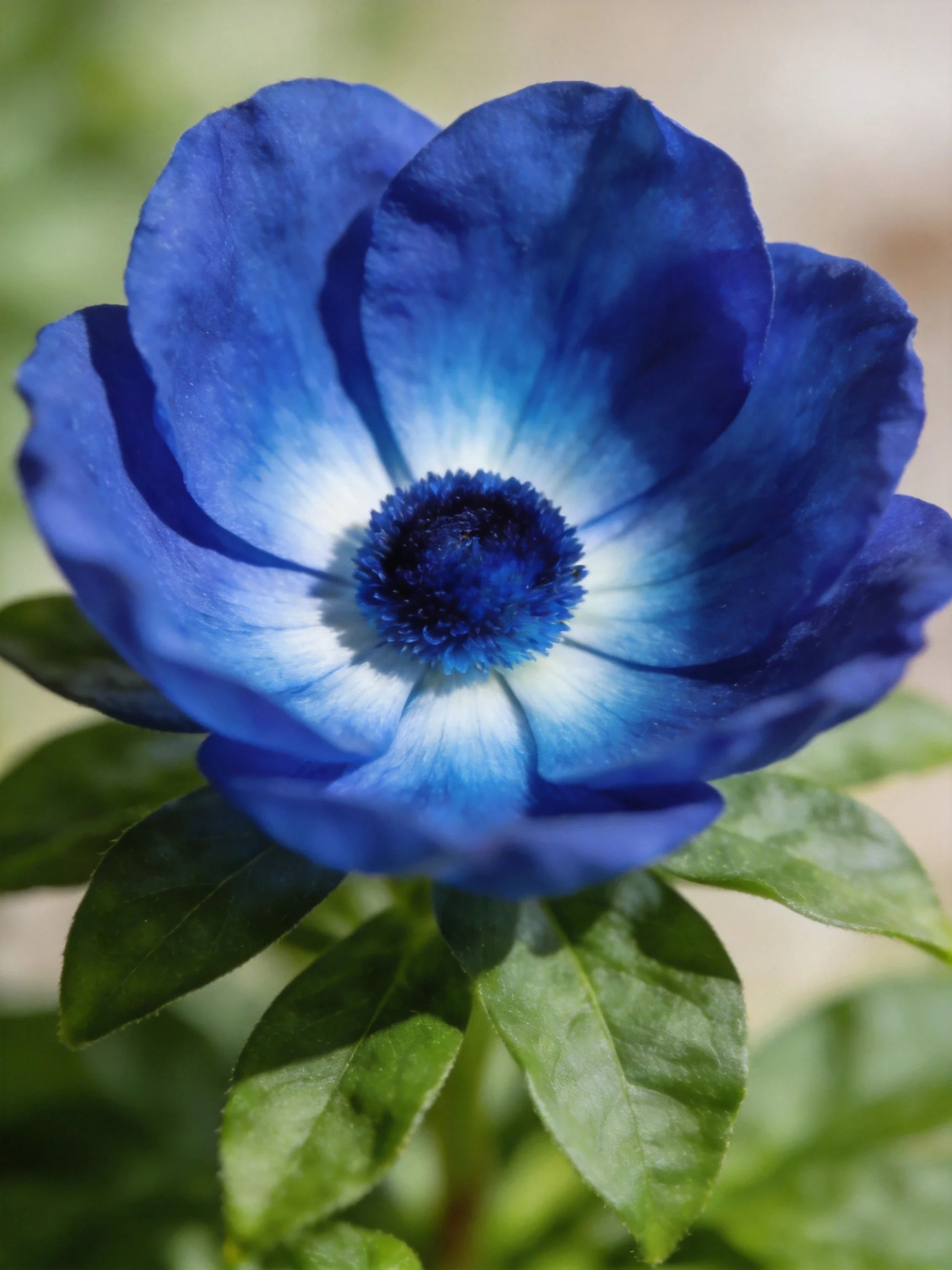 A close-up of a vibrant blue anemone flower with gradient petals
