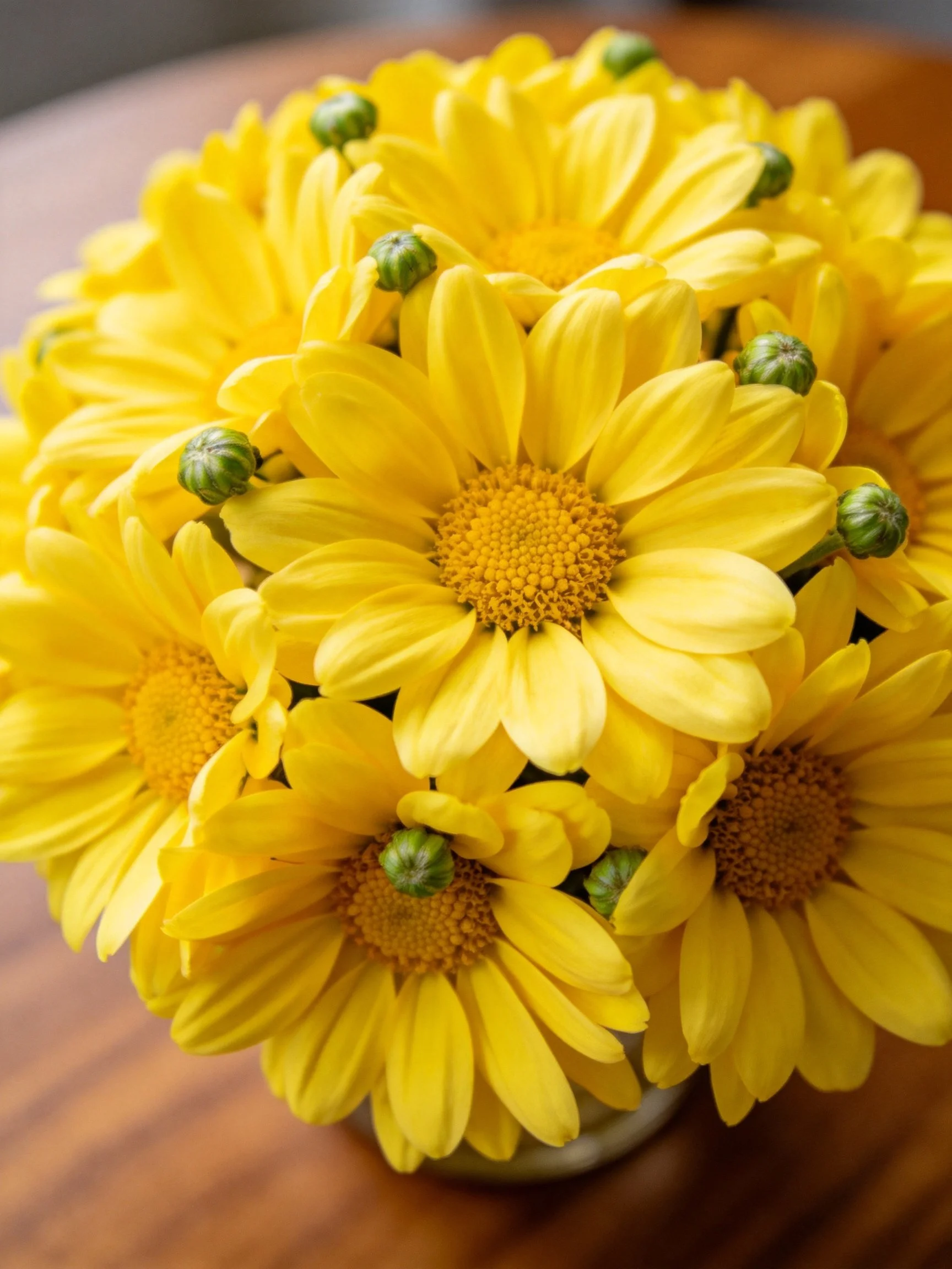 A close - up of a vibrant bouquet of yellow daisies with green buds