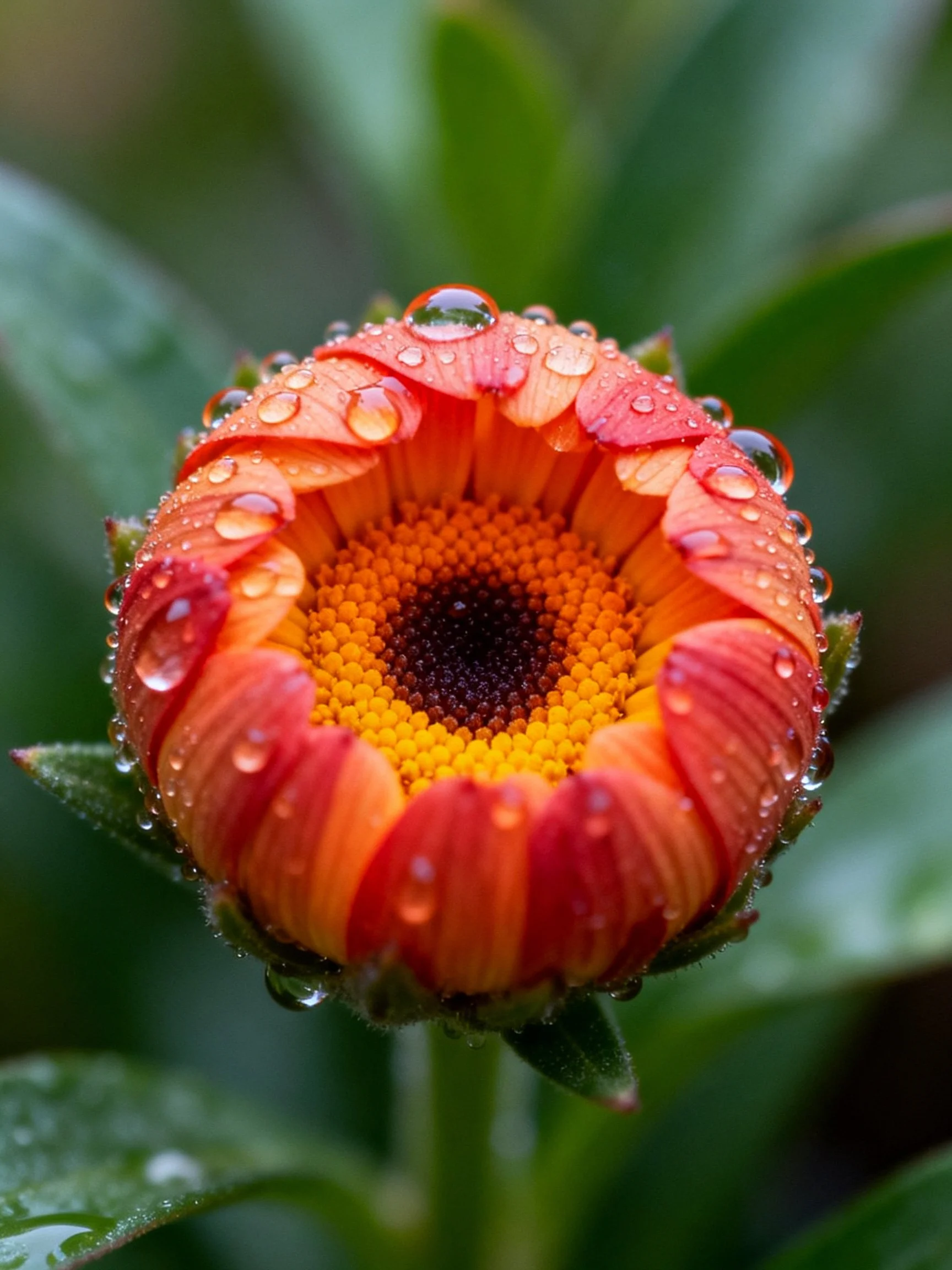 A close-up of a vibrant orange-red flower bud with water droplets