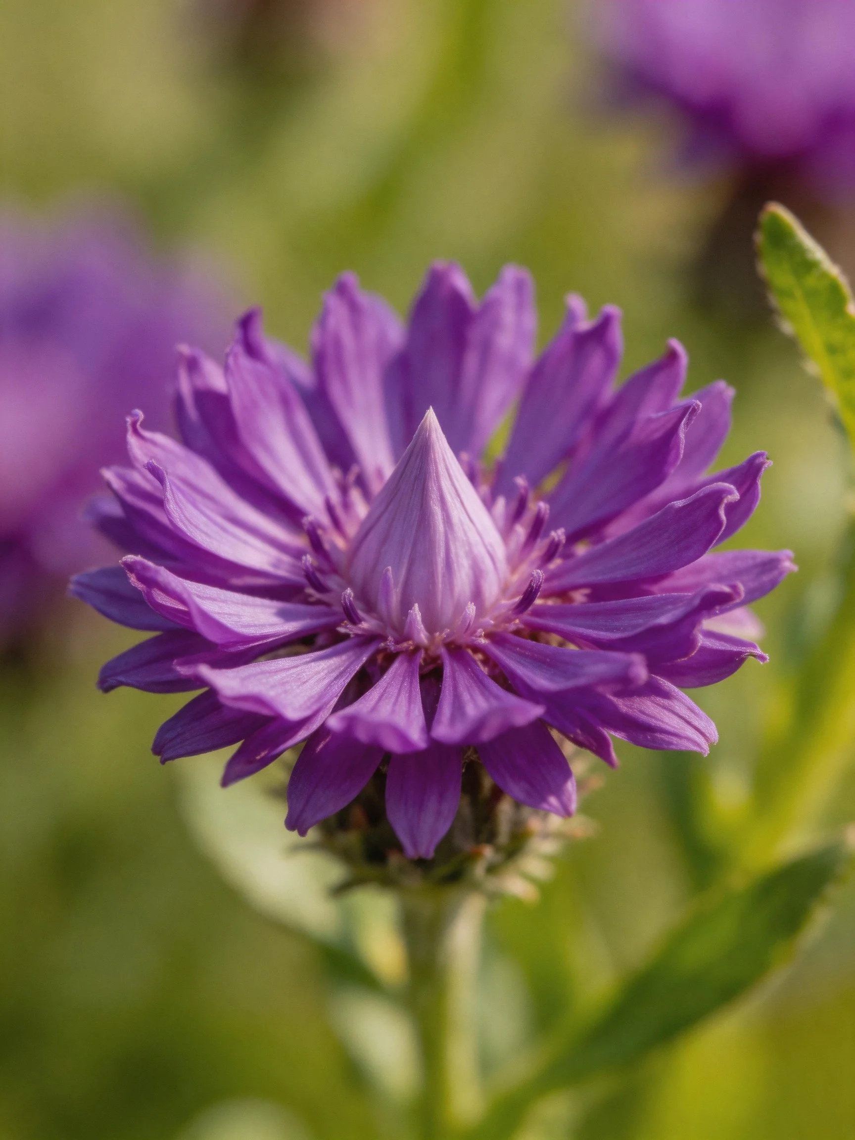 A close - up focuses on a purple flower with layered petals amid blurred greenery.