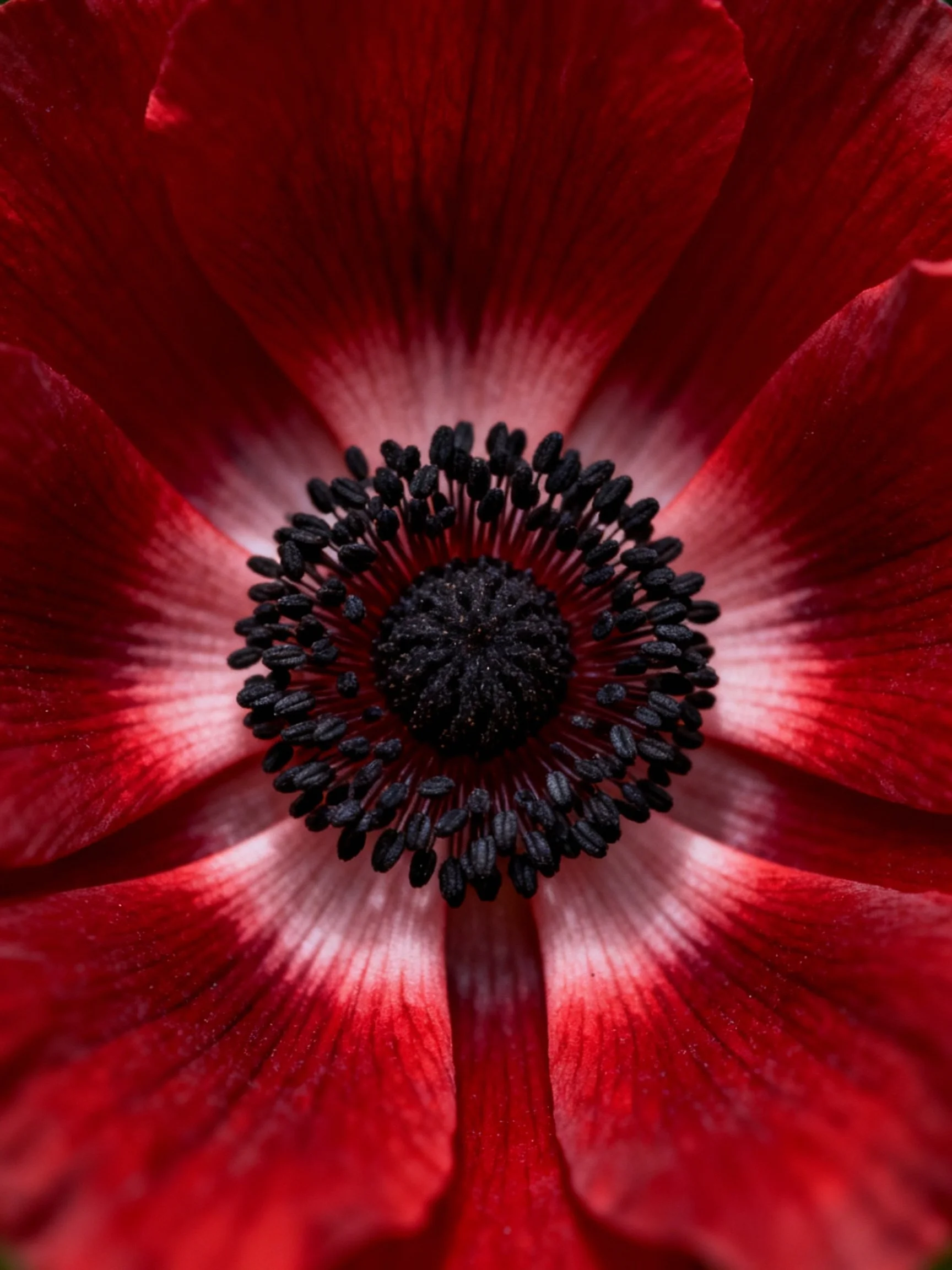 A close - up shows a vibrant red flower with a dark central core.