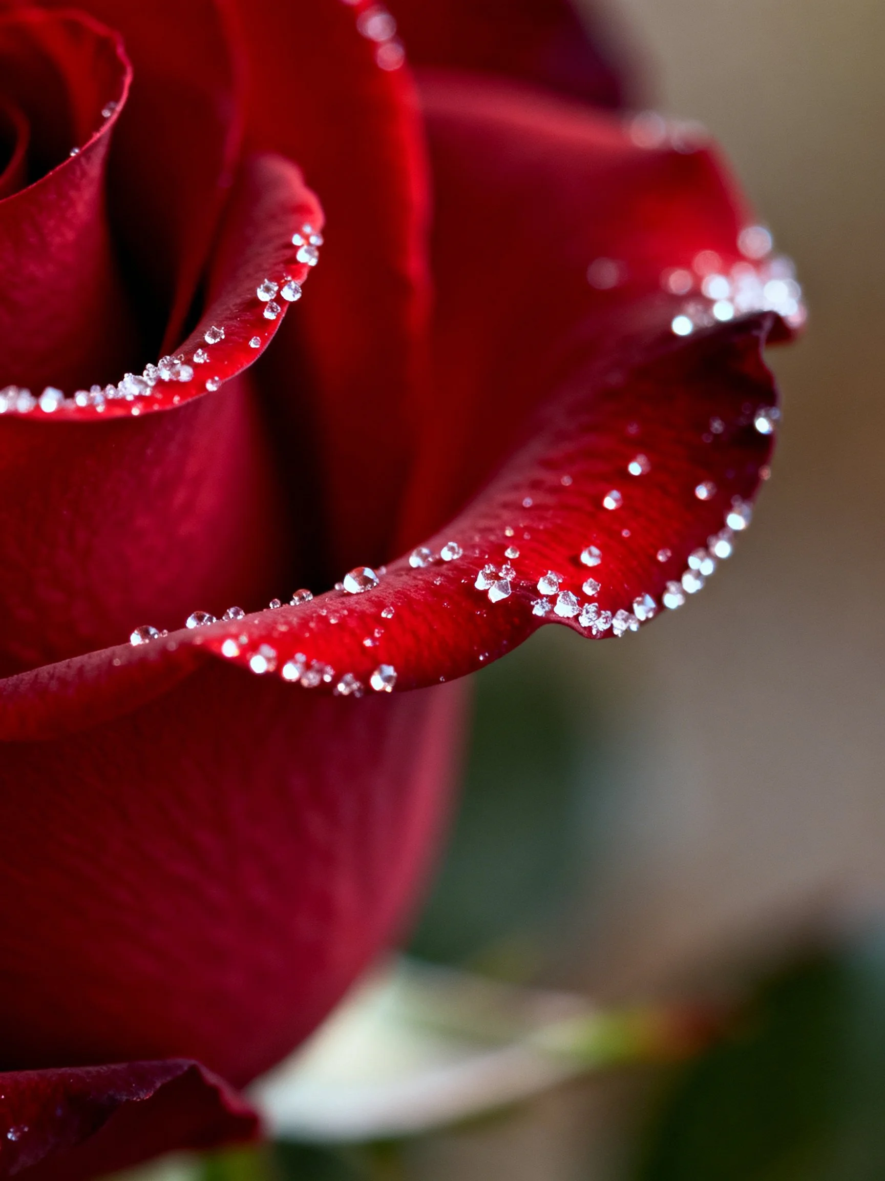 A close - up shows a vibrant red rose decorated with sparkling dew droplets.