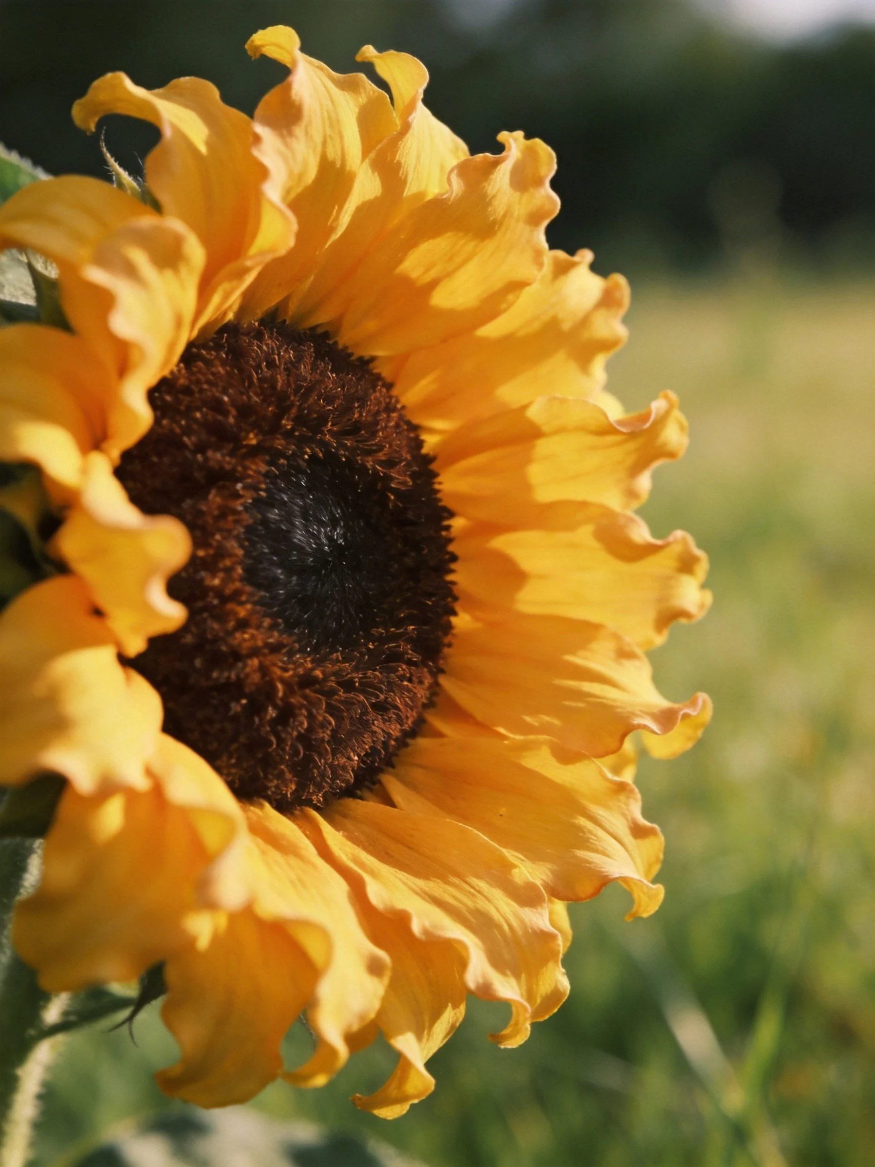 A close-up of a vibrant yellow sunflower with a dark brown center