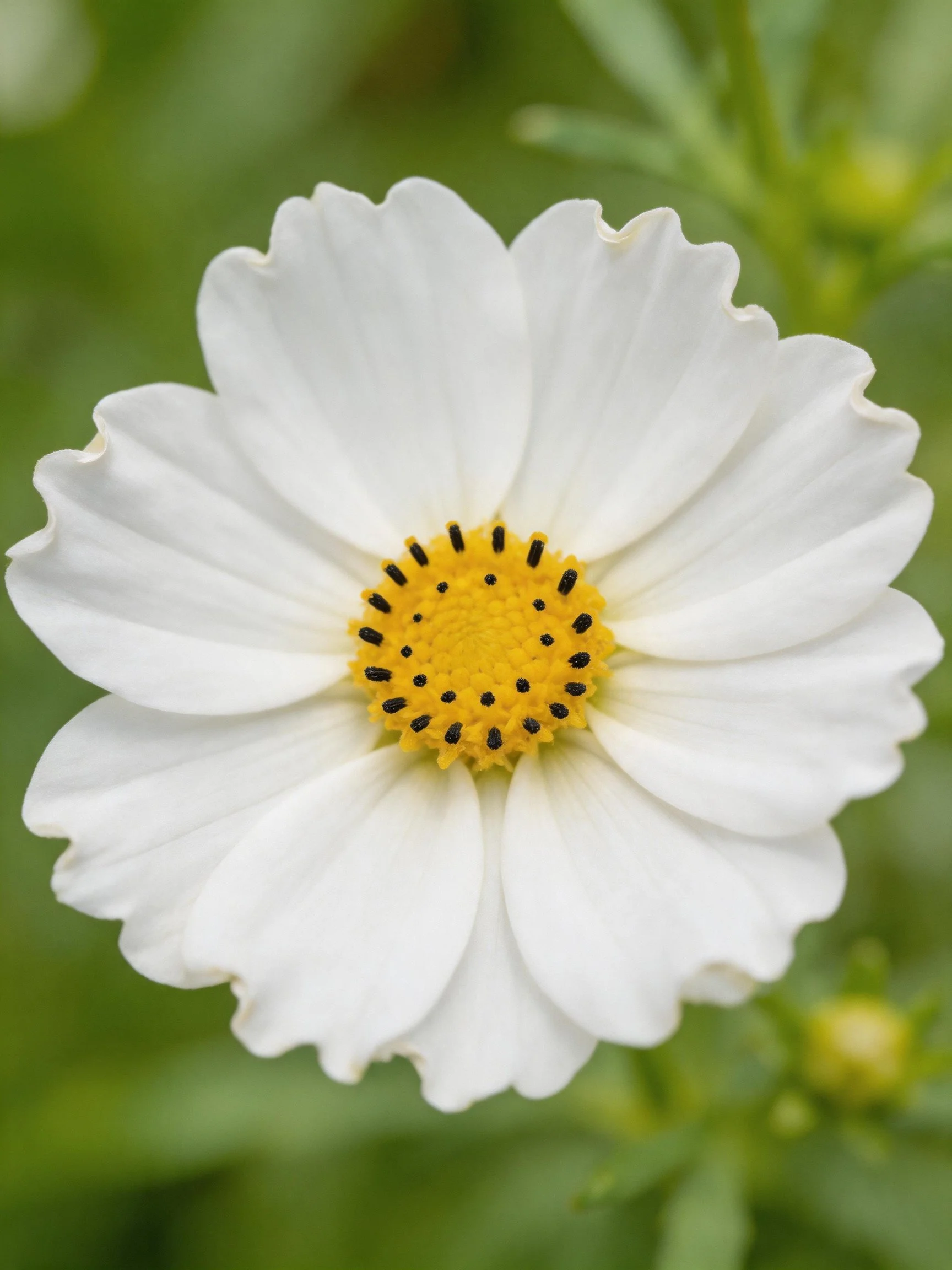 A close - up of a white cosmos flower with yellow and black center