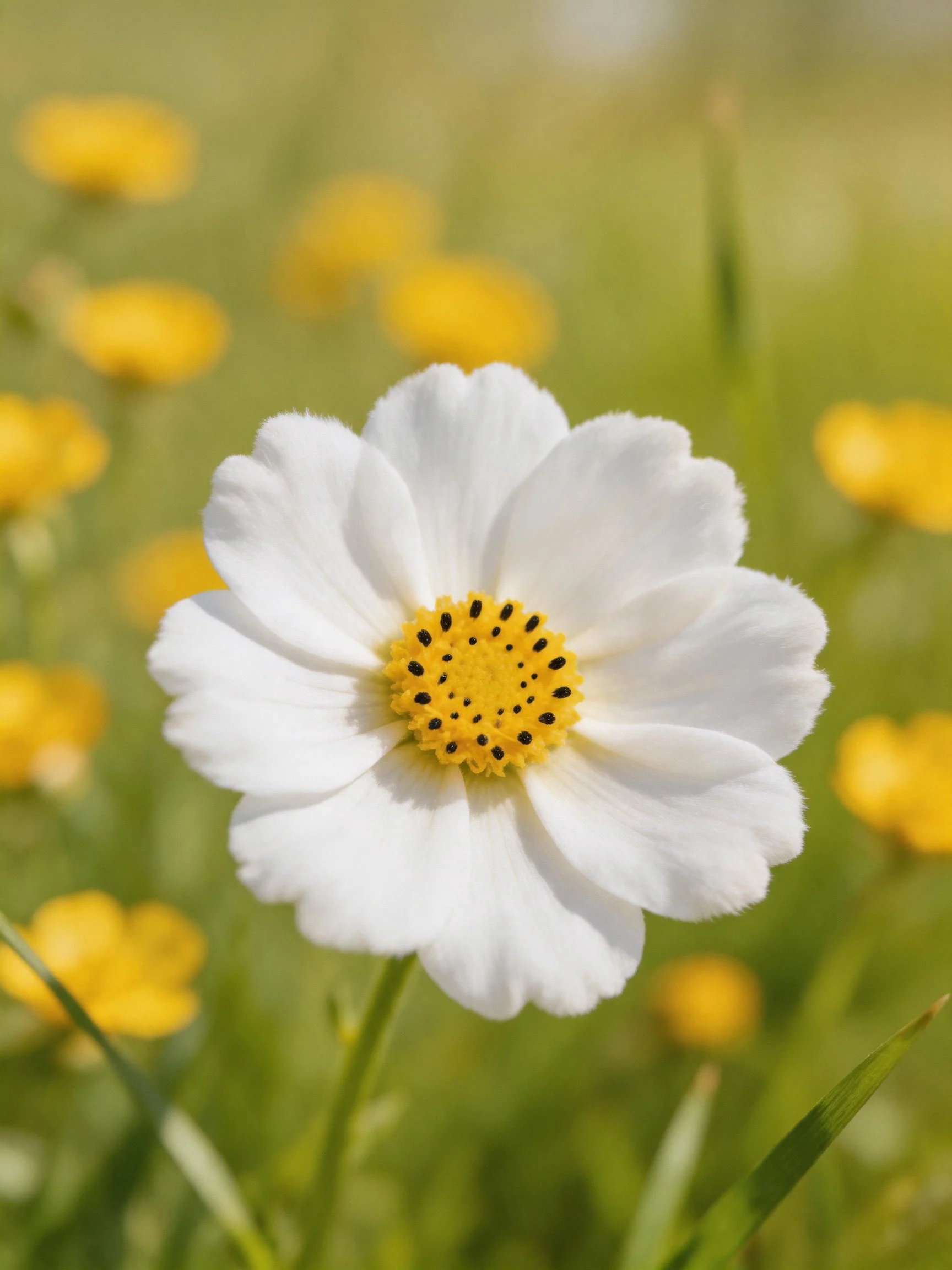 A close - up of a white cosmos flower with yellow center, surrounded by blurred yellow flowers