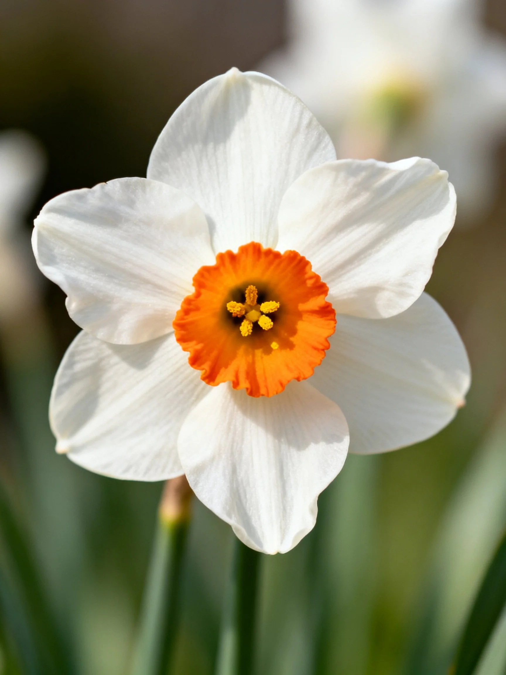 A close - up of a white daffodil with an orange central cup