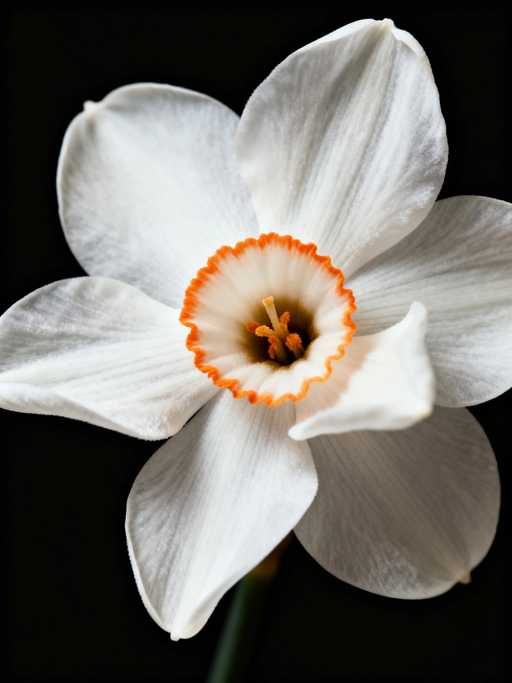 A close-up of a white daffodil with an orange central ring