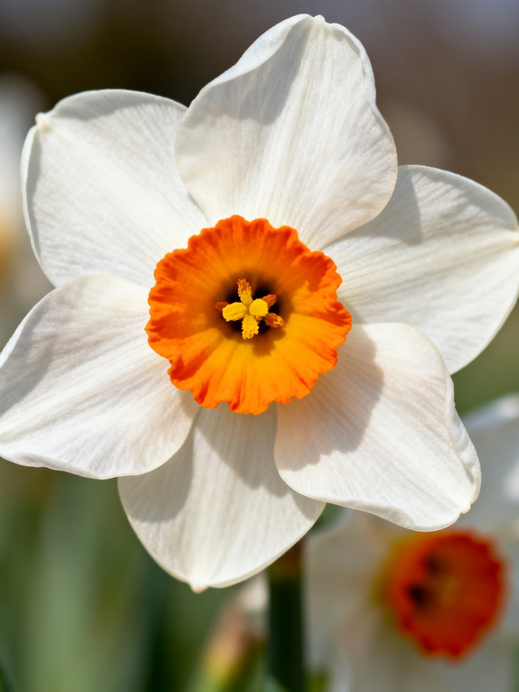 A close - up of a white daffodil with vibrant orange center