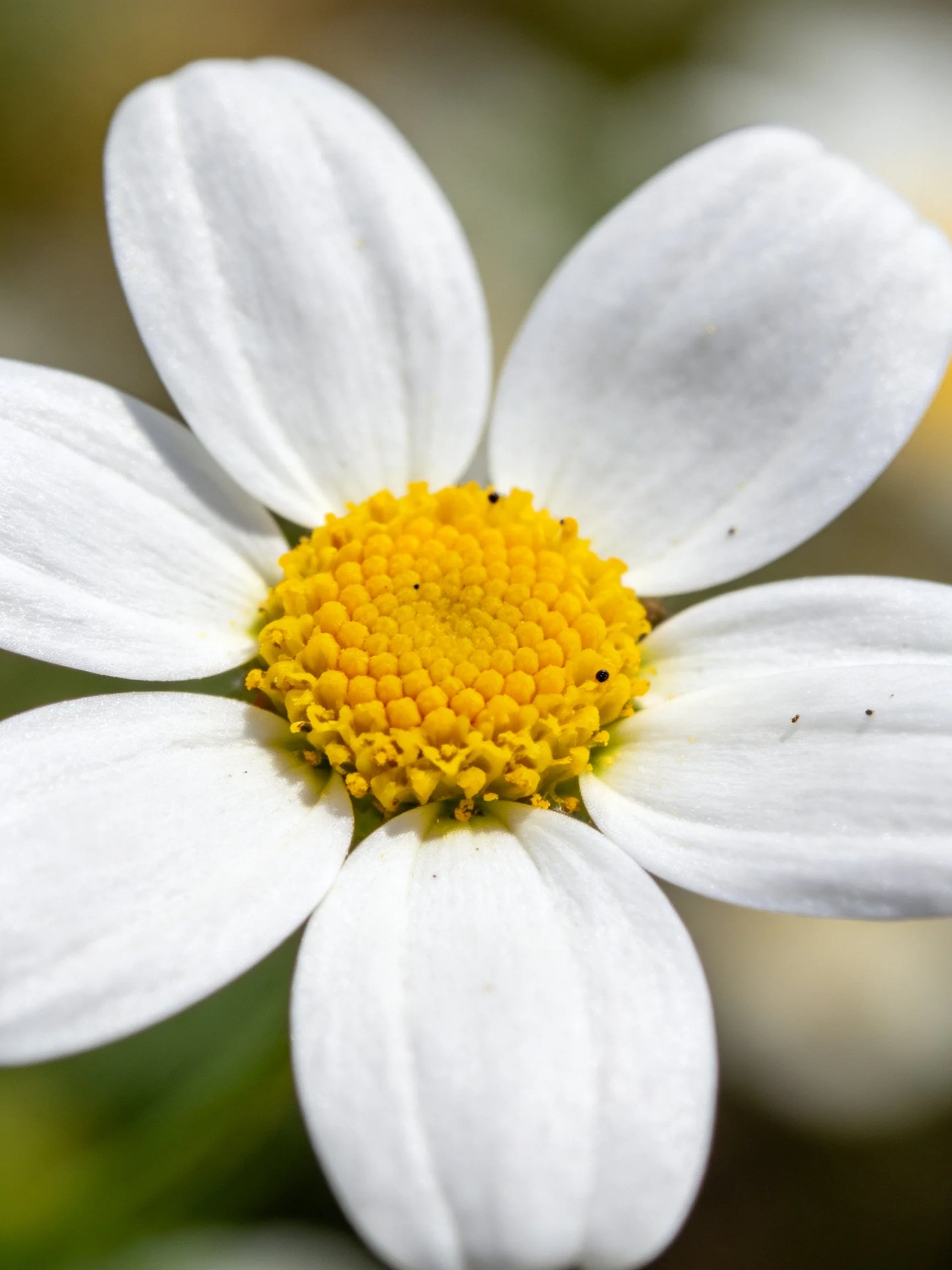 A close - up of a white daisy with a bright yellow central disc