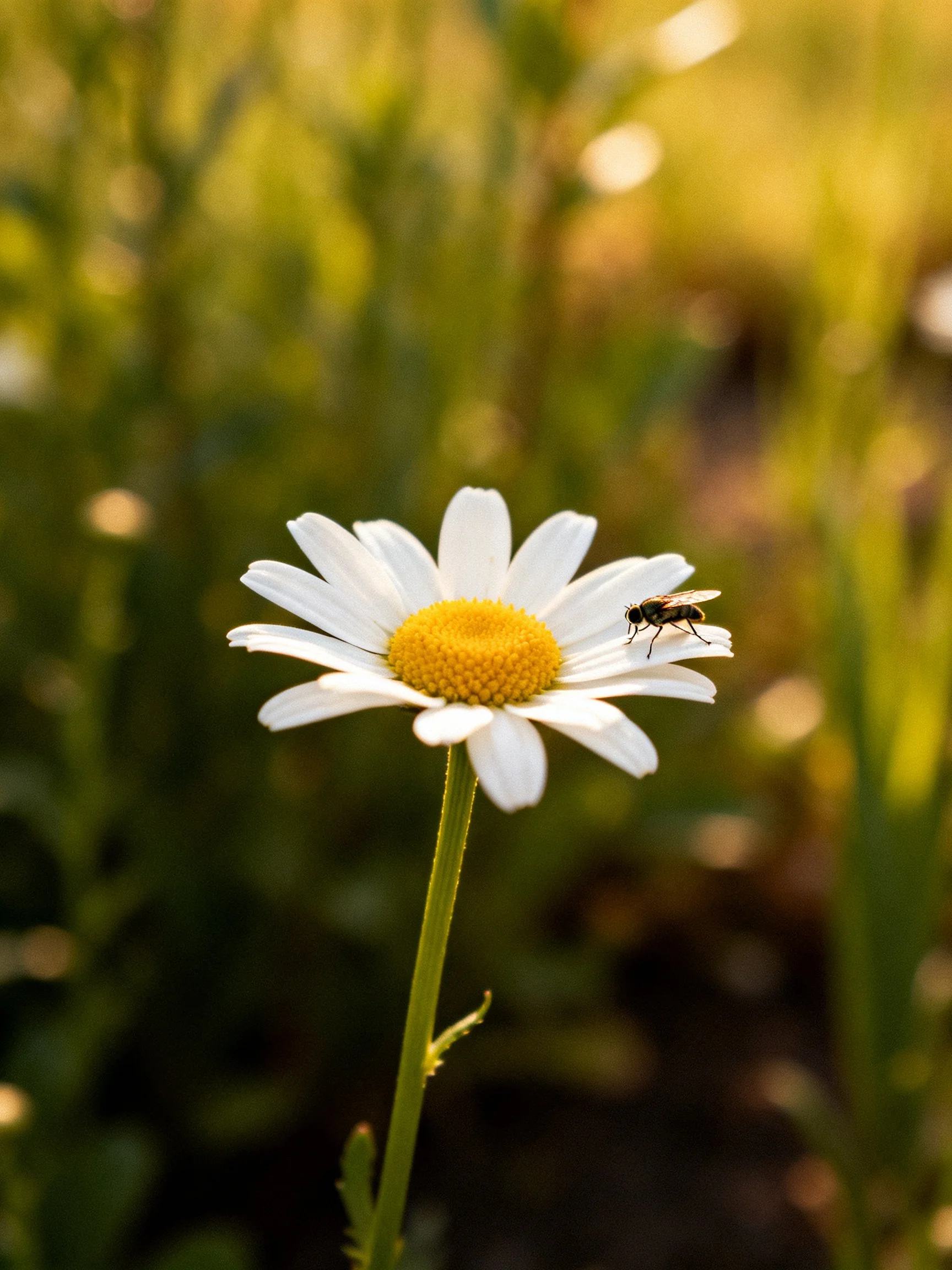 A close - up of a white daisy with a yellow center and an insect