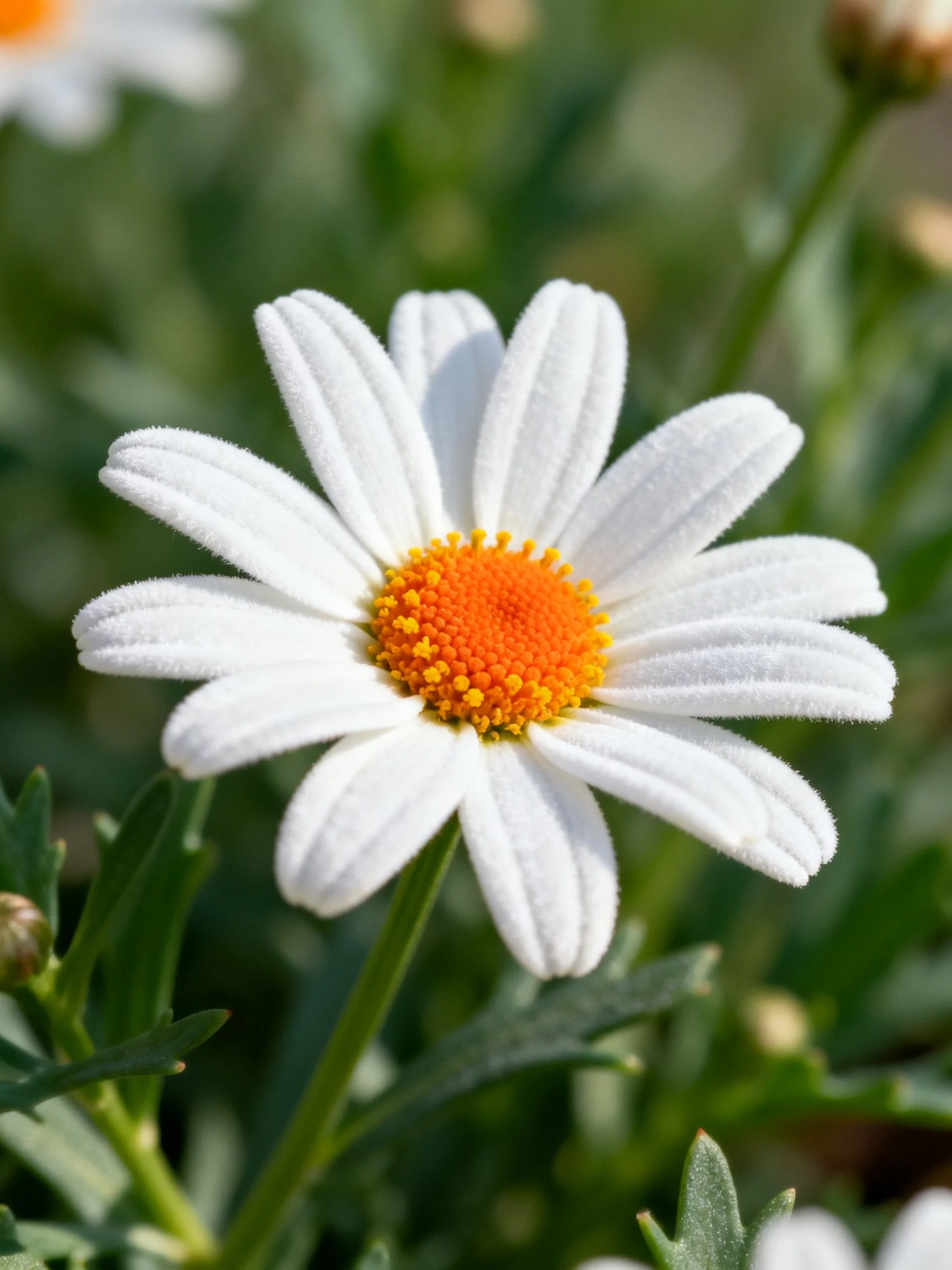 A close - up of a white daisy with an orange center
