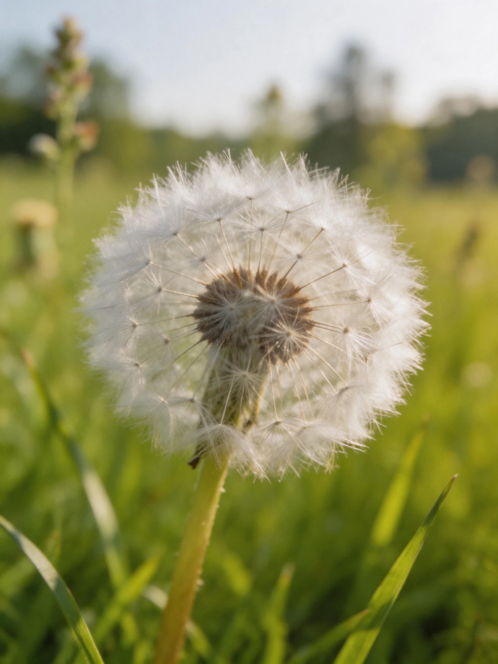 A close-up of a white dandelion seed head in a sunlit meadow