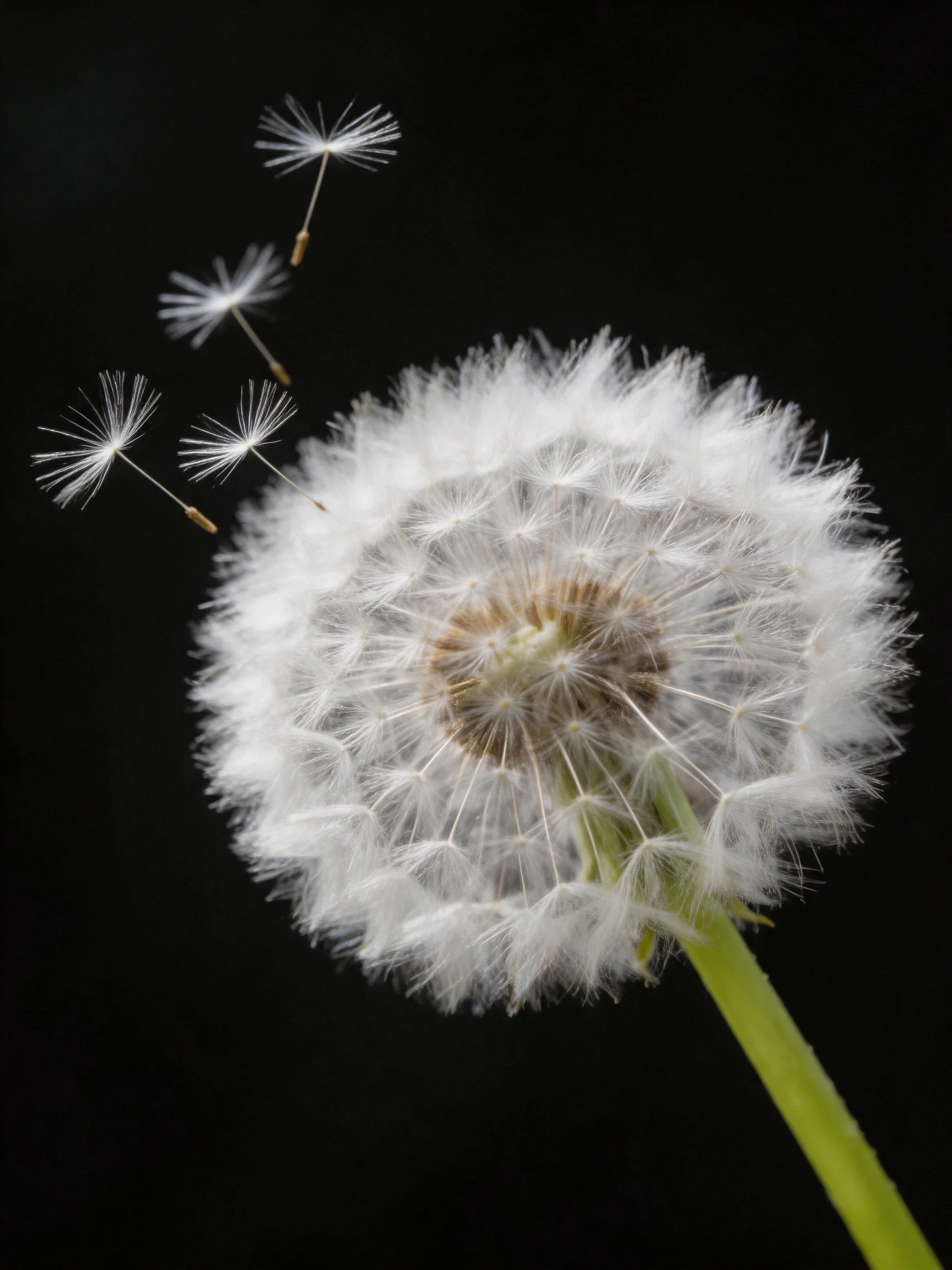 A close - up of a white dandelion with seeds dispersing against a black background