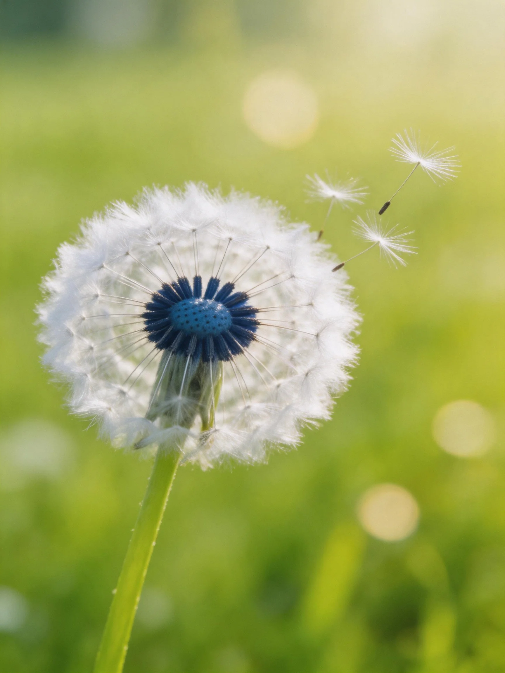 A close - up of a white dandelion with seeds floating into a soft green background