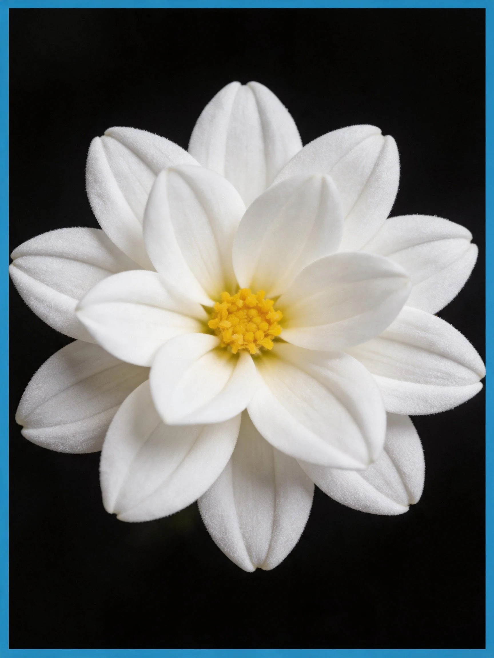 A close - up of a white flower with layered petals and a yellow center