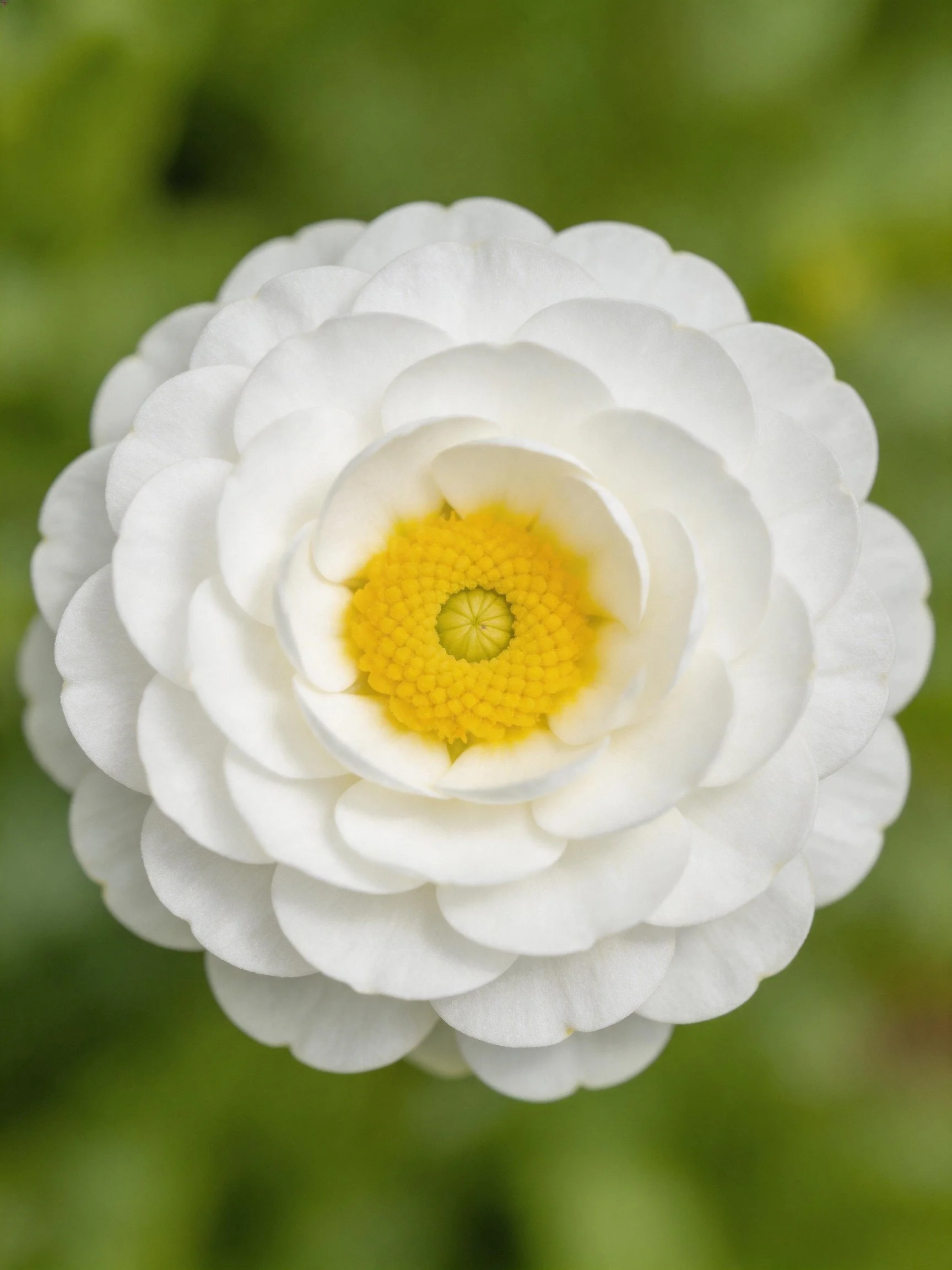 A close - up of a white layered flower with a bright yellow center