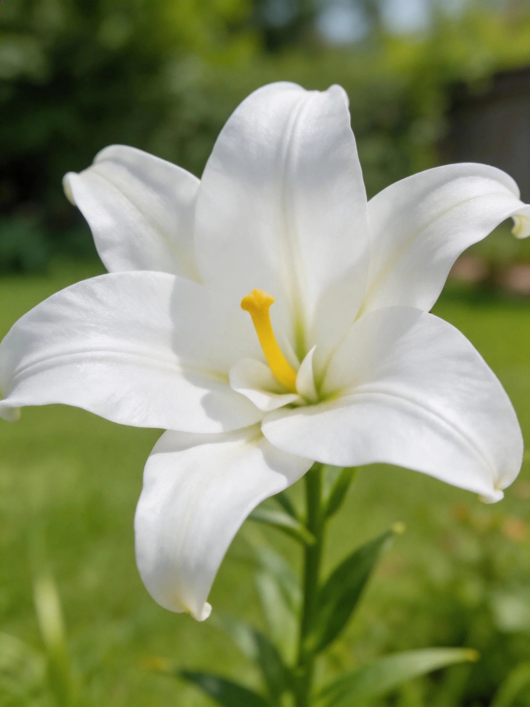 A close - up of a white lily with yellow stamens in a garden