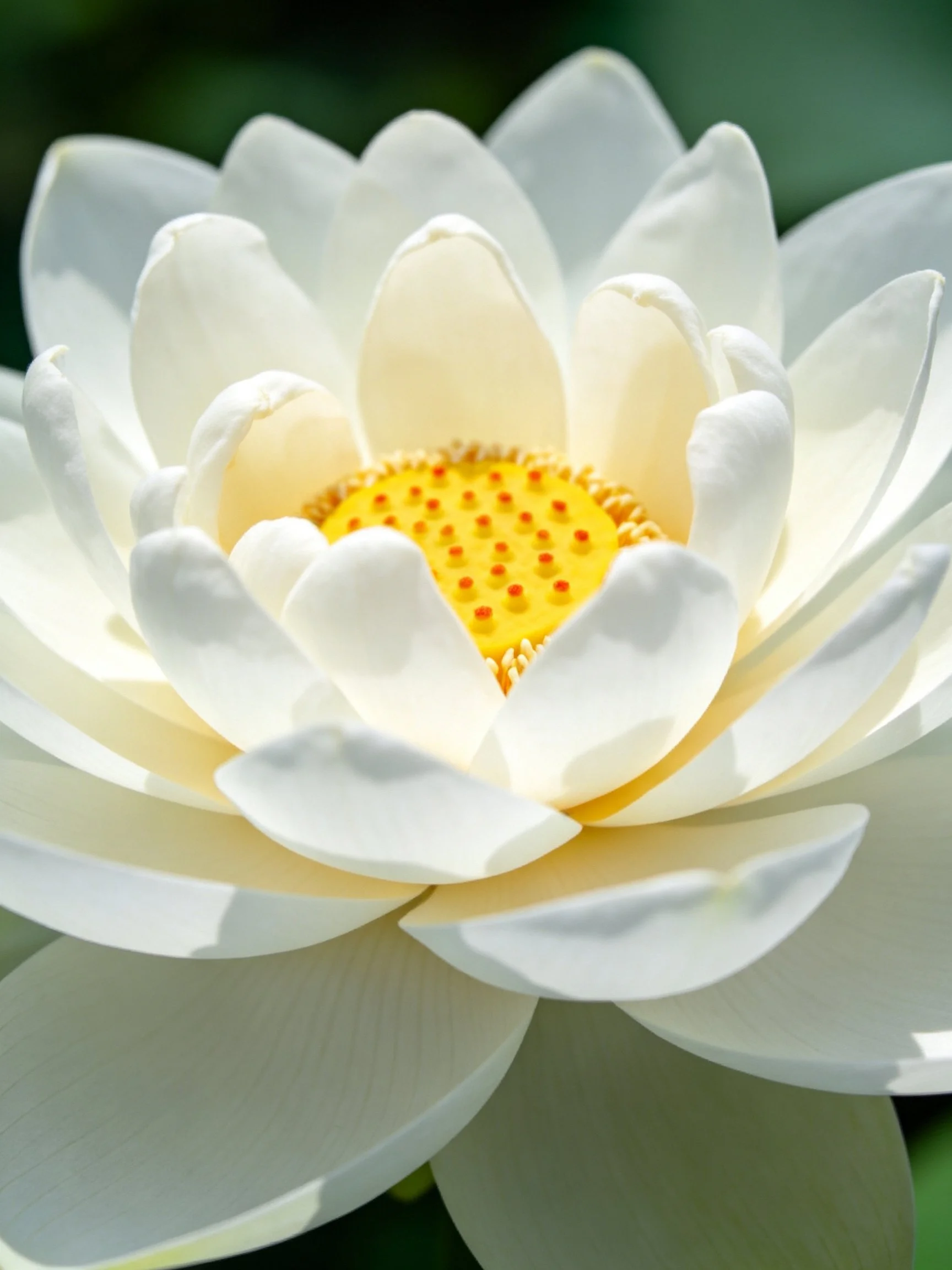 A close - up of a white lotus flower with a bright yellow center