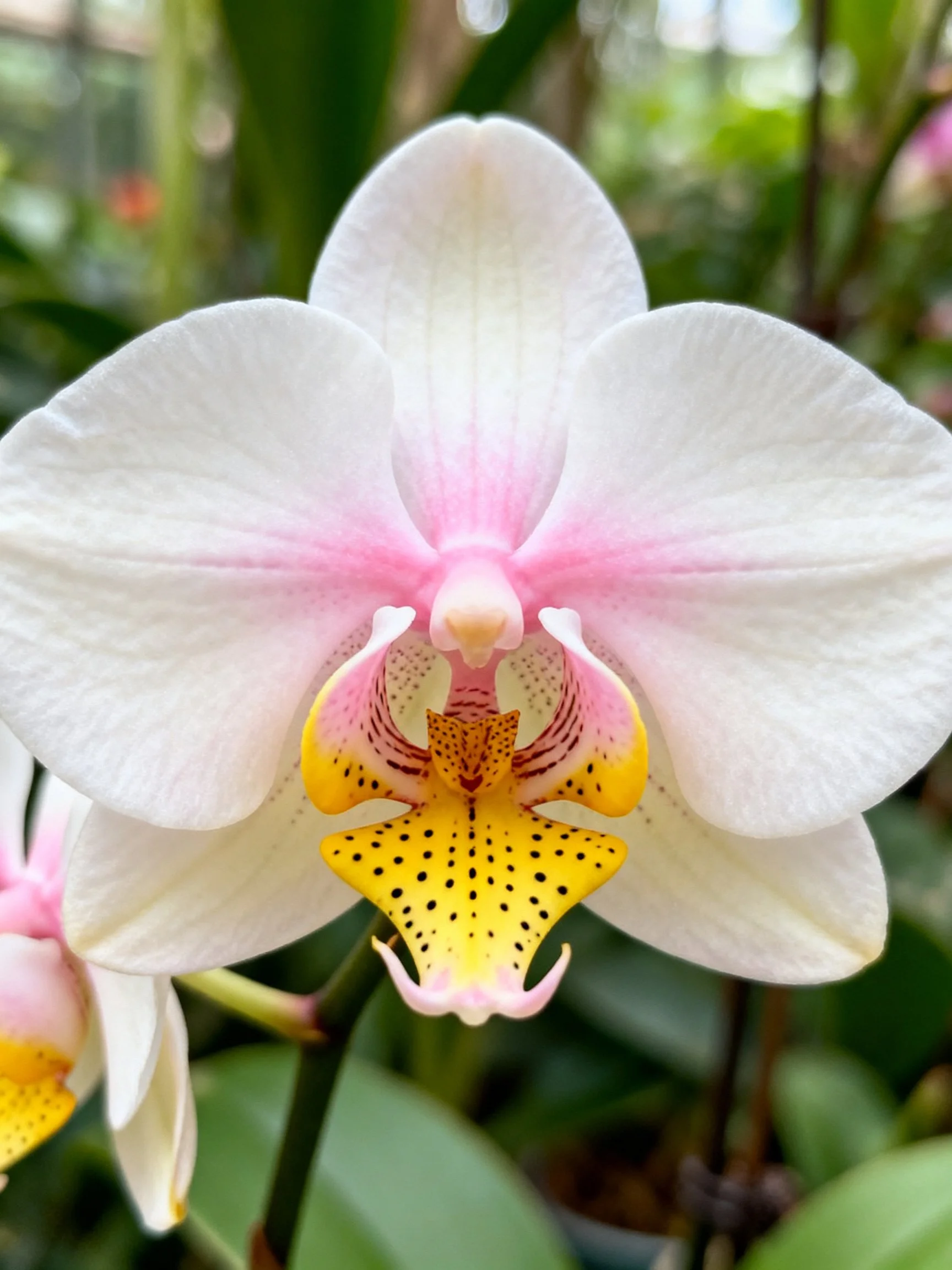 A close - up of a white orchid with pink and yellow center details