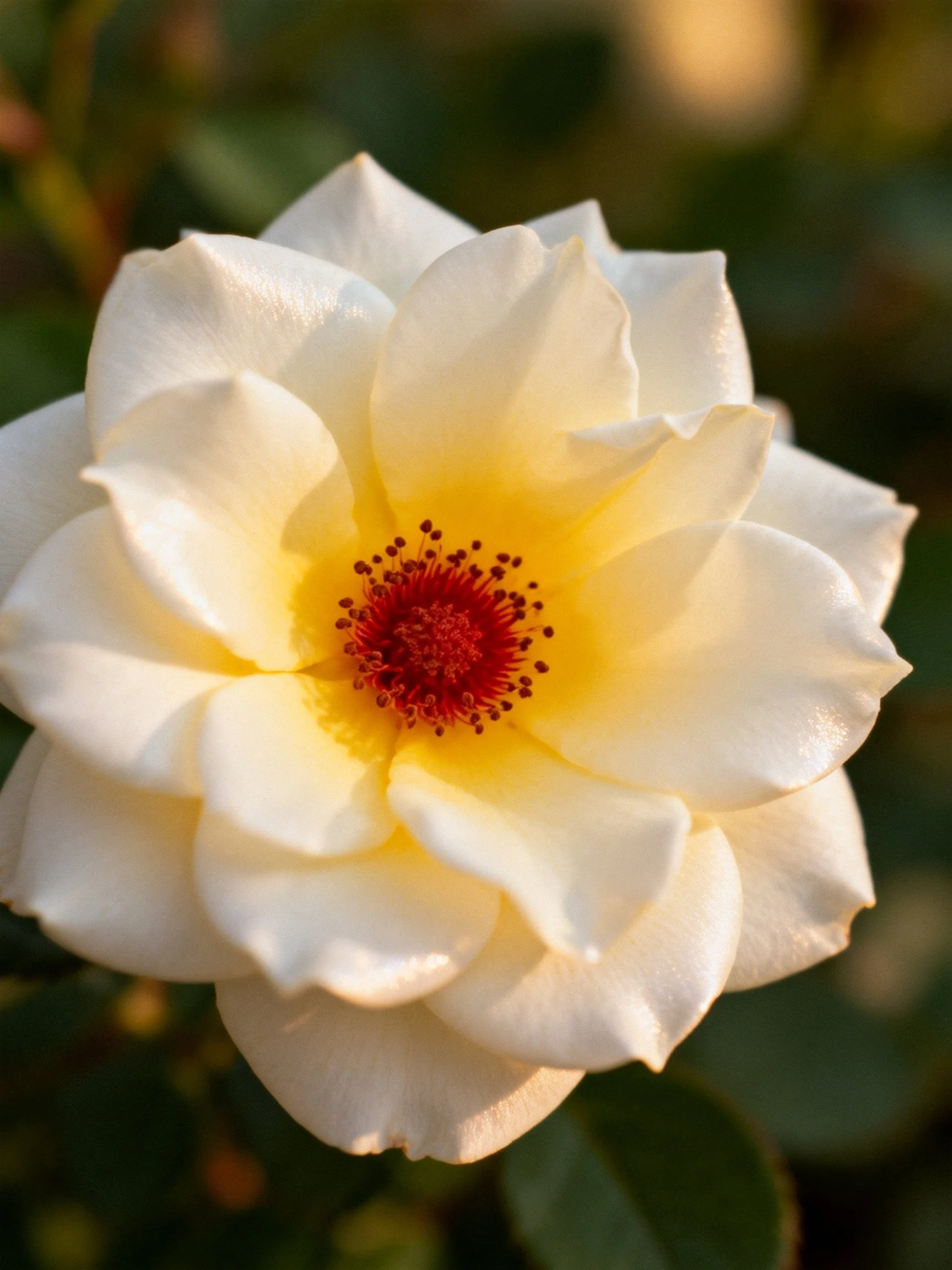 A close - up of a white rose featuring a yellow center and red stamens.