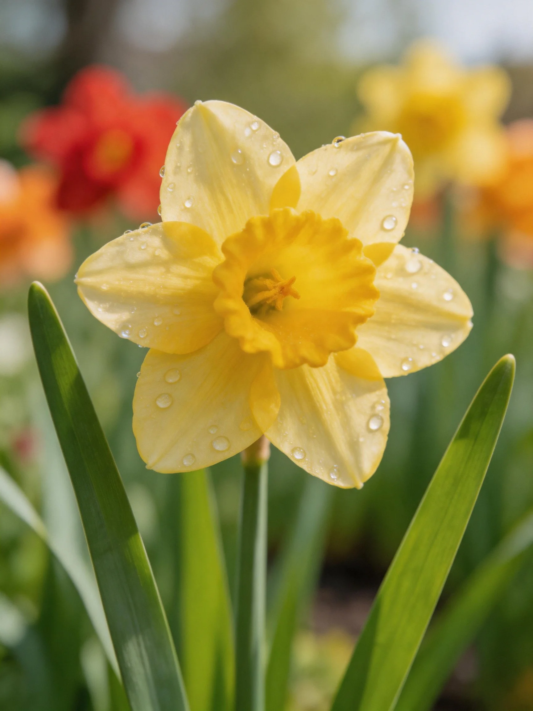 A close - up of a yellow daffodil with dewdrops
