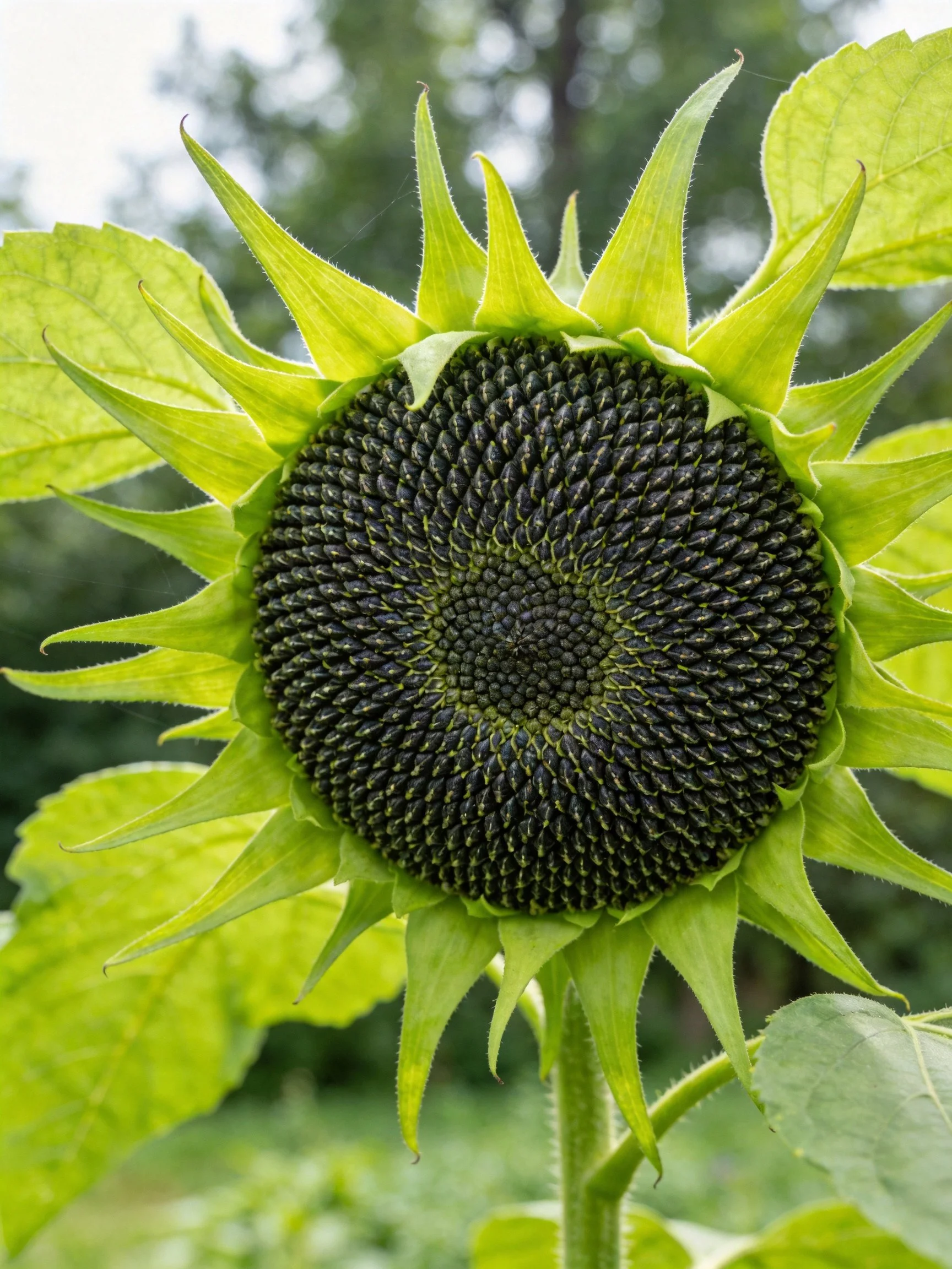 A close-up of a young sunflower with vibrant green petals