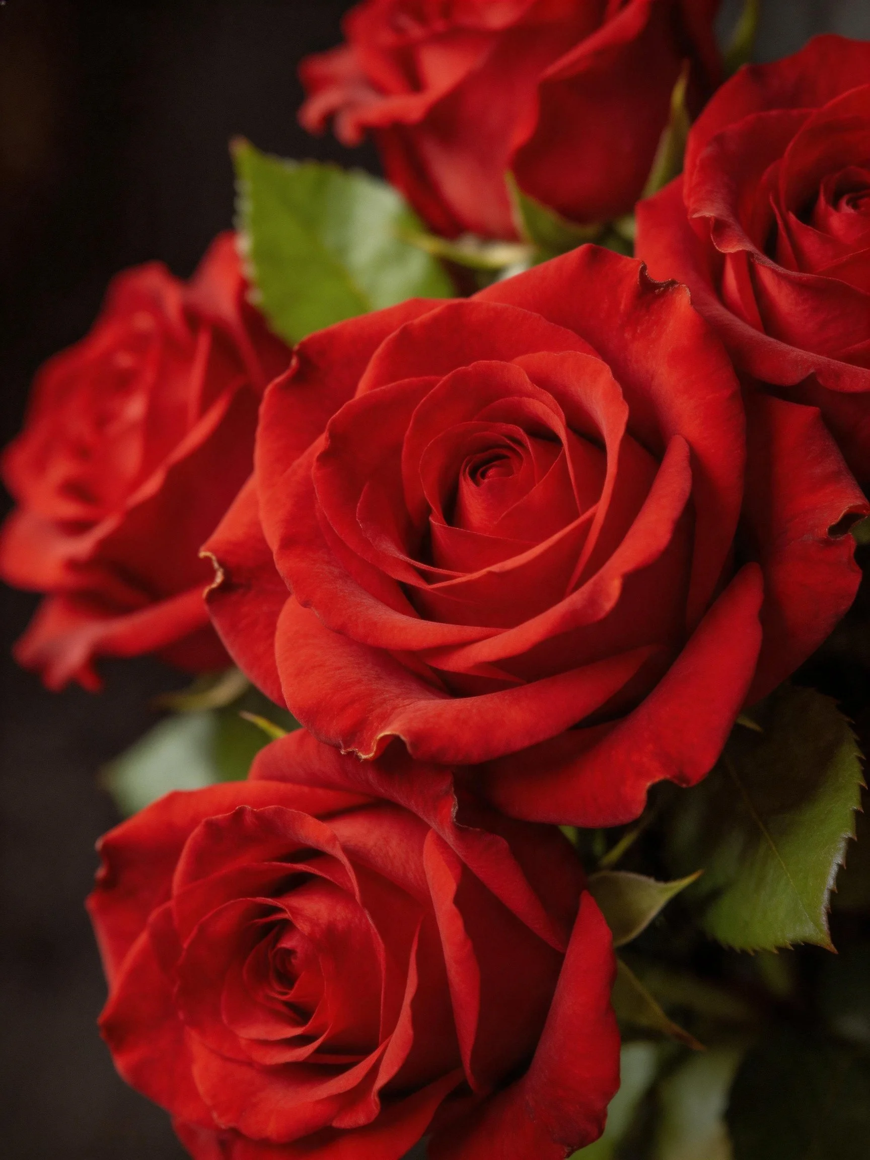 A close - up of vibrant red roses with lush green leaves