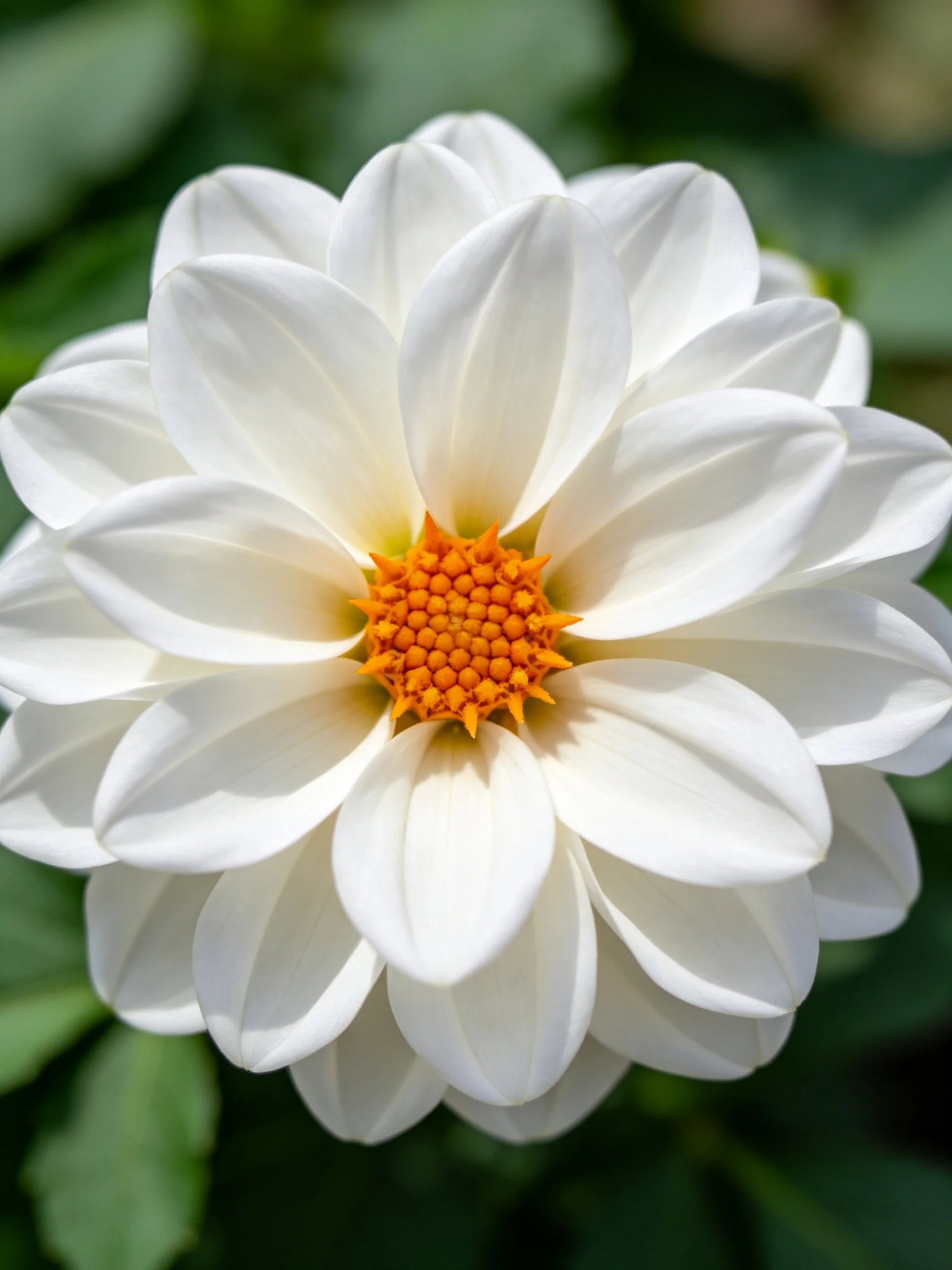 A close - up ofa large white dahlia with an orange center