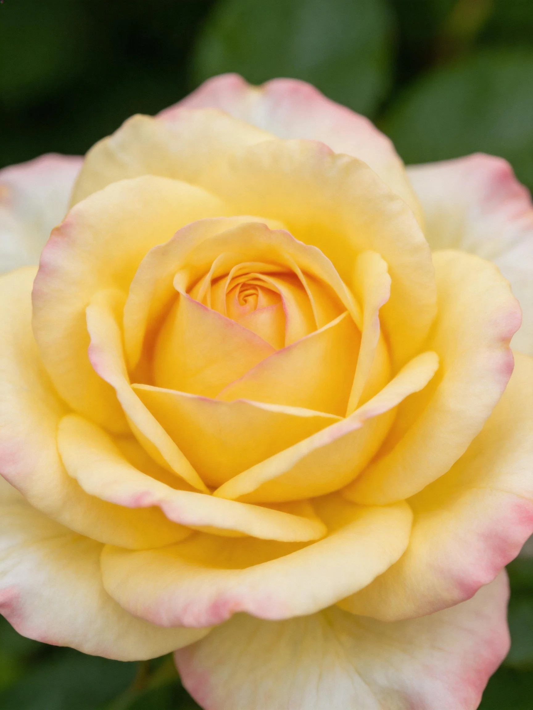 A close - up view of a yellow rose with pink petal edges