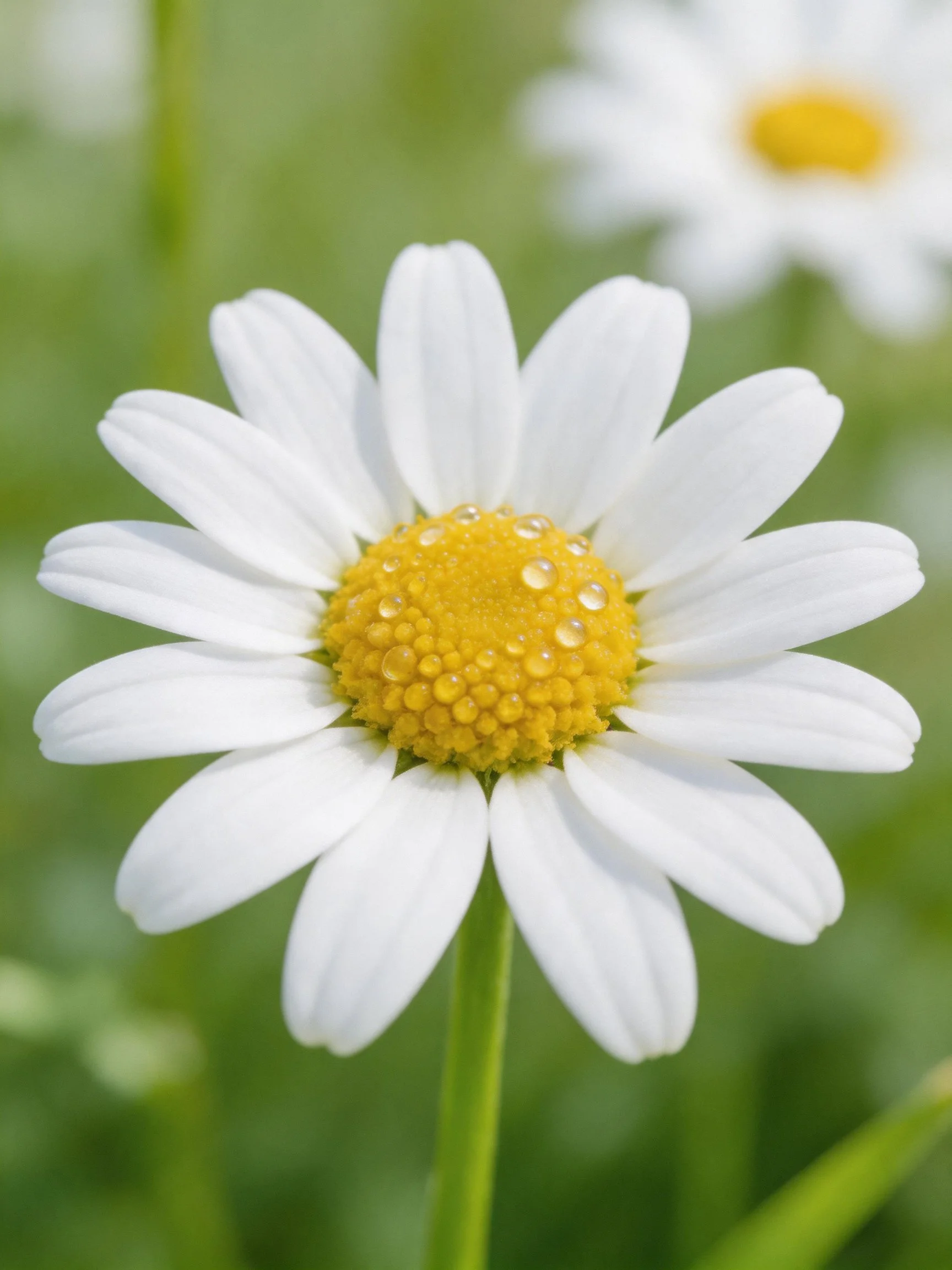 A close - up white daisy with a yellow center and dewdrops