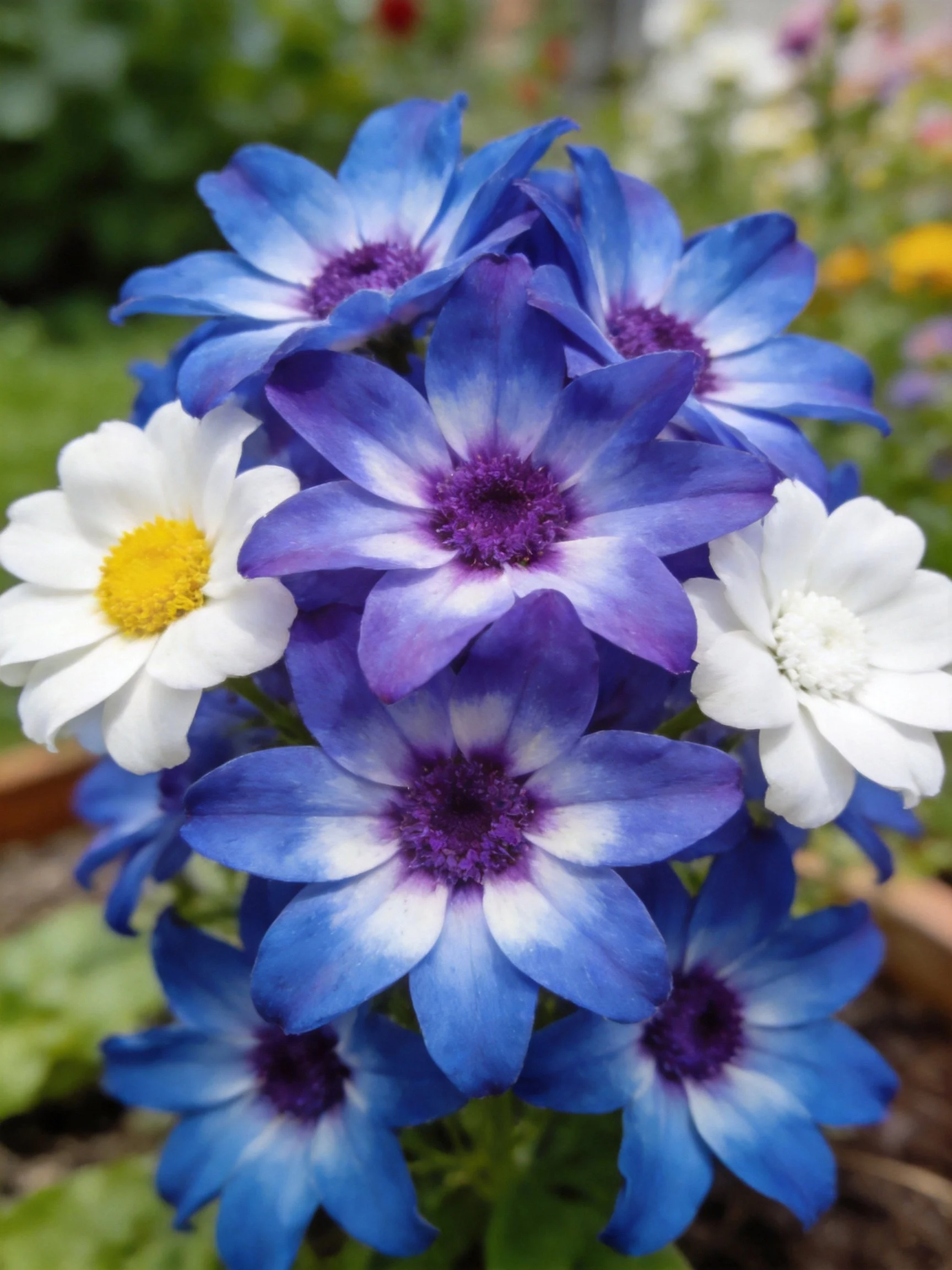 A cluster of blue and white flowers with purple centers