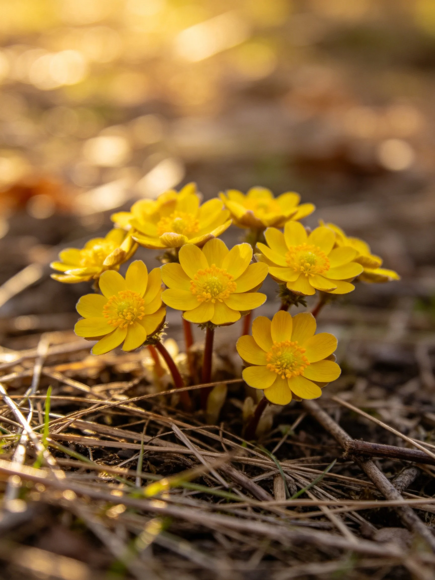A cluster of bright yellow flowers grows amid dry twigs and soil