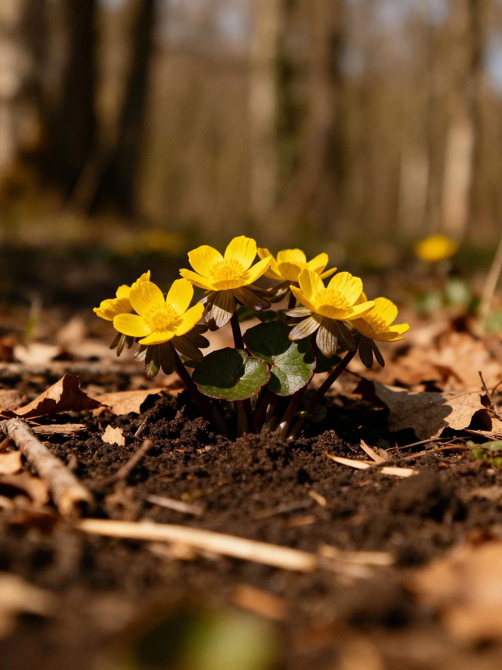 Bright yellow flowers cluster in dark soil with dry leaves in a forest.