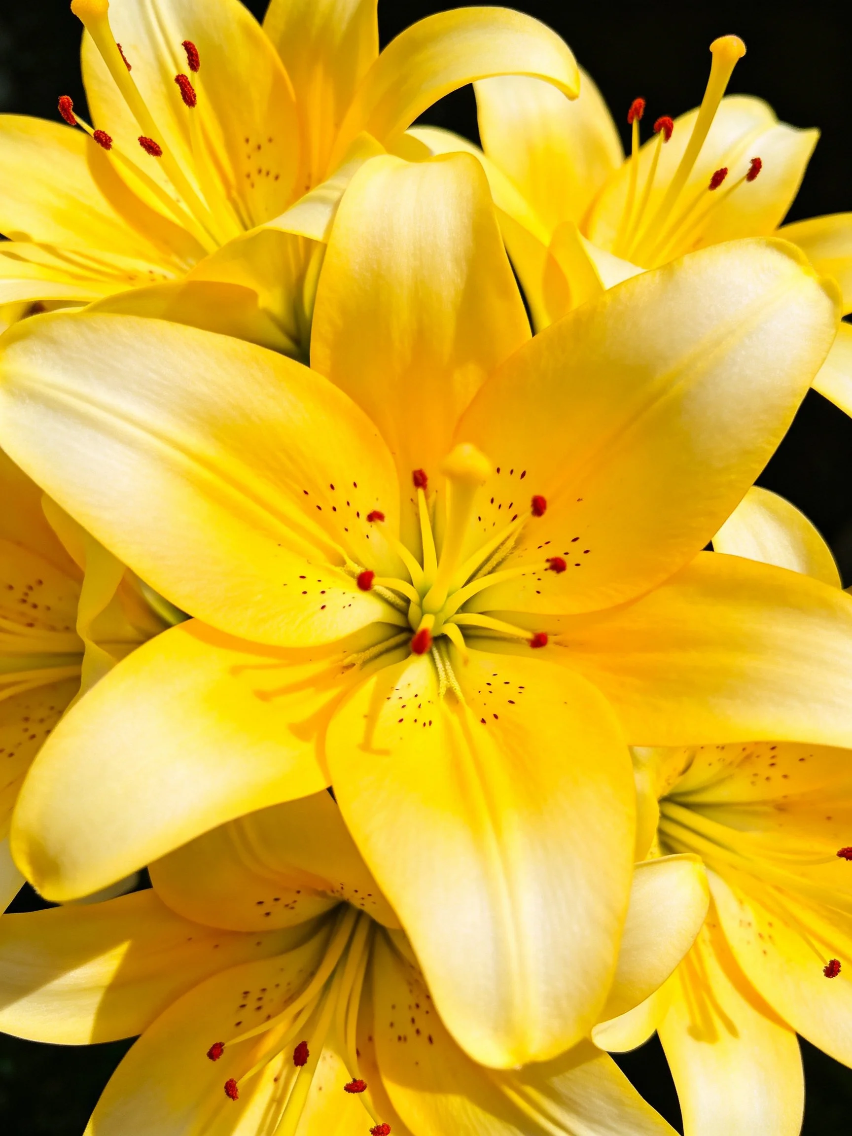 A cluster of bright yellow lilies with red stamens