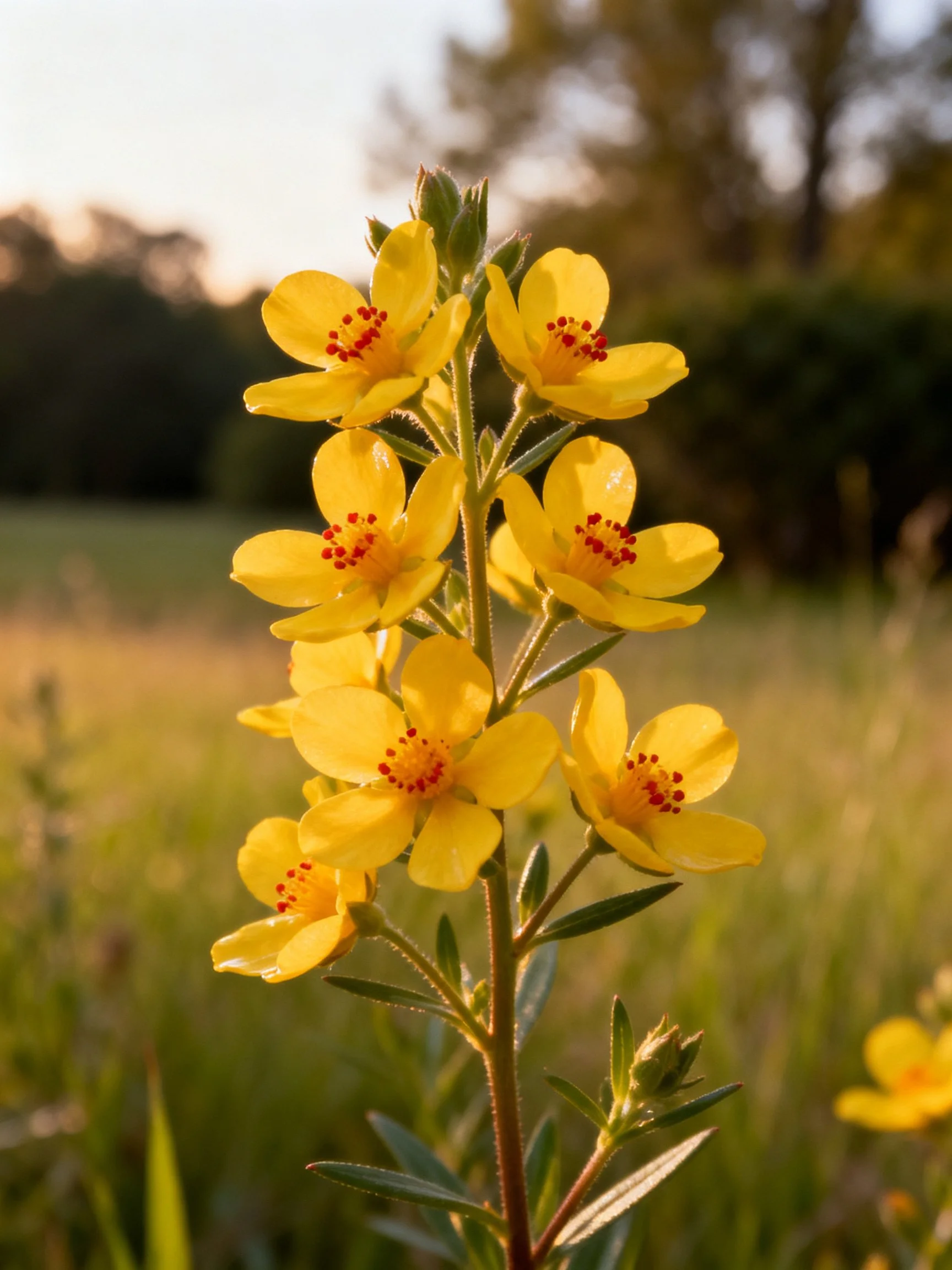 A cluster of bright yellow wildflowers with red centers in a sunlit meadow