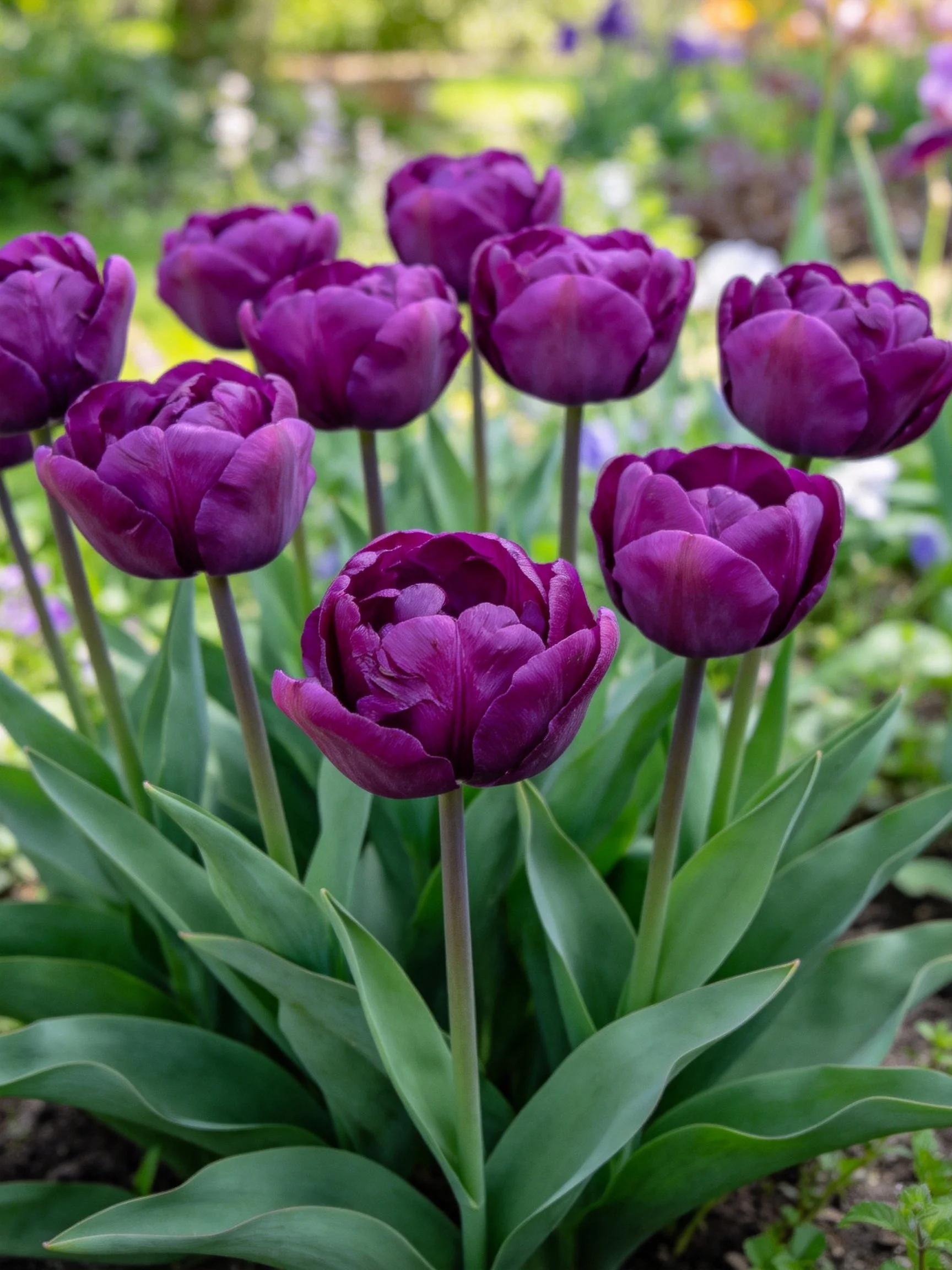 A cluster of deep purple tulips with lush green foliage