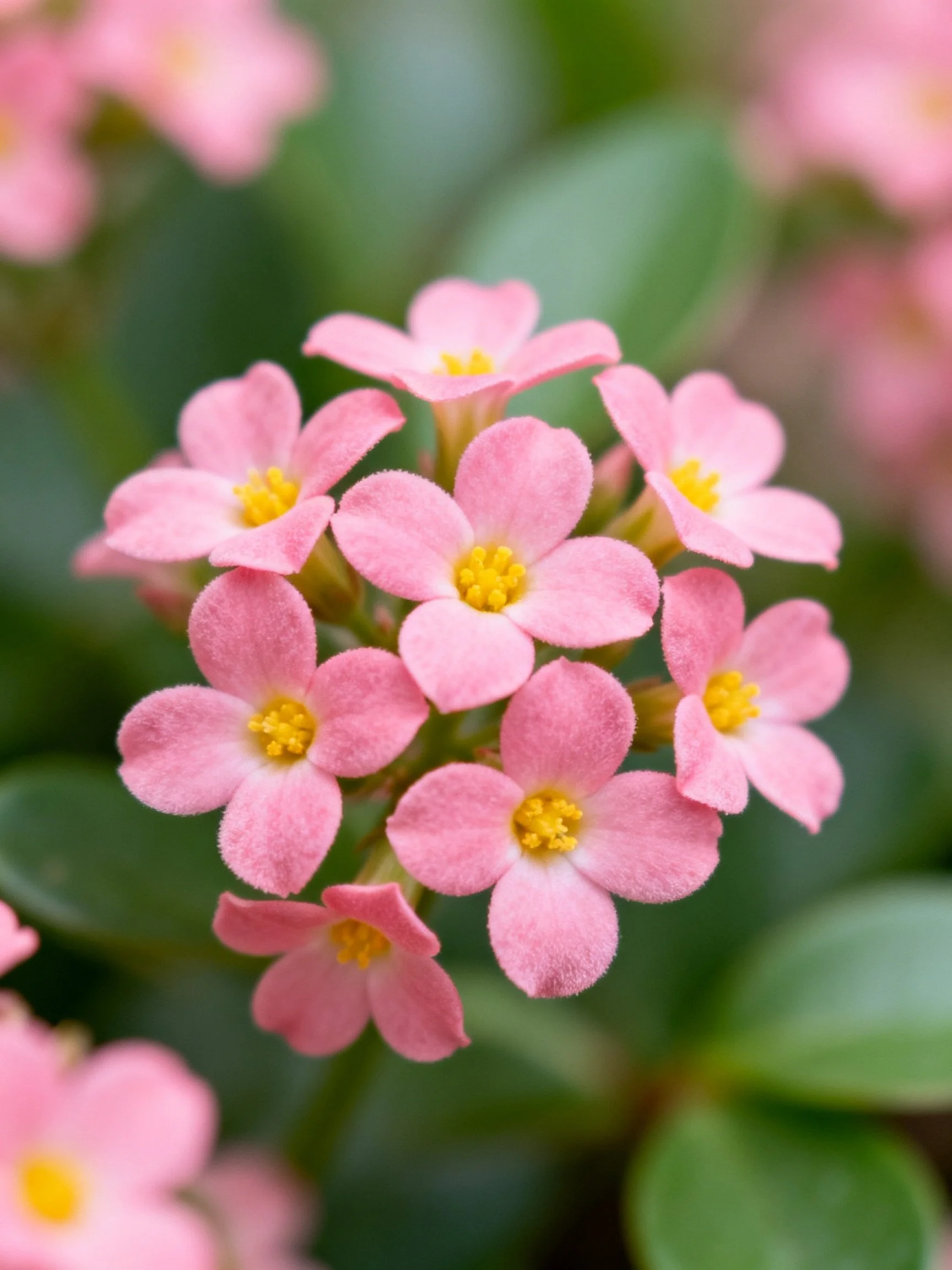A cluster of delicate pink flowers with bright yellow centers
