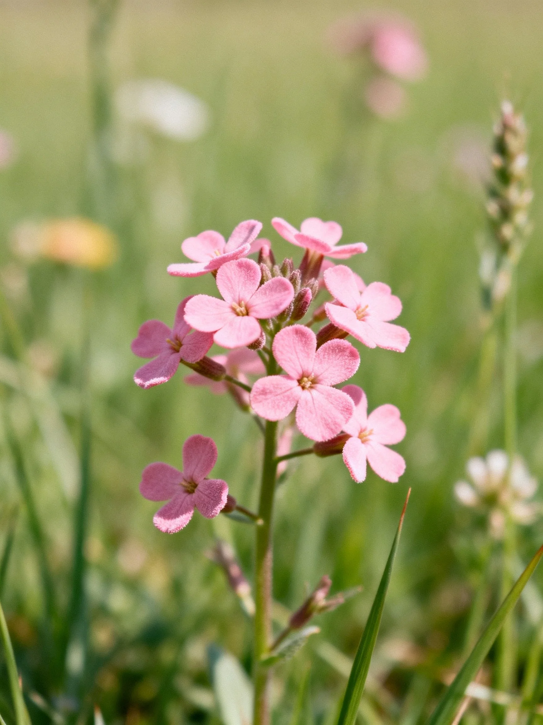A cluster of delicate pink wildflowers among tall green grasses