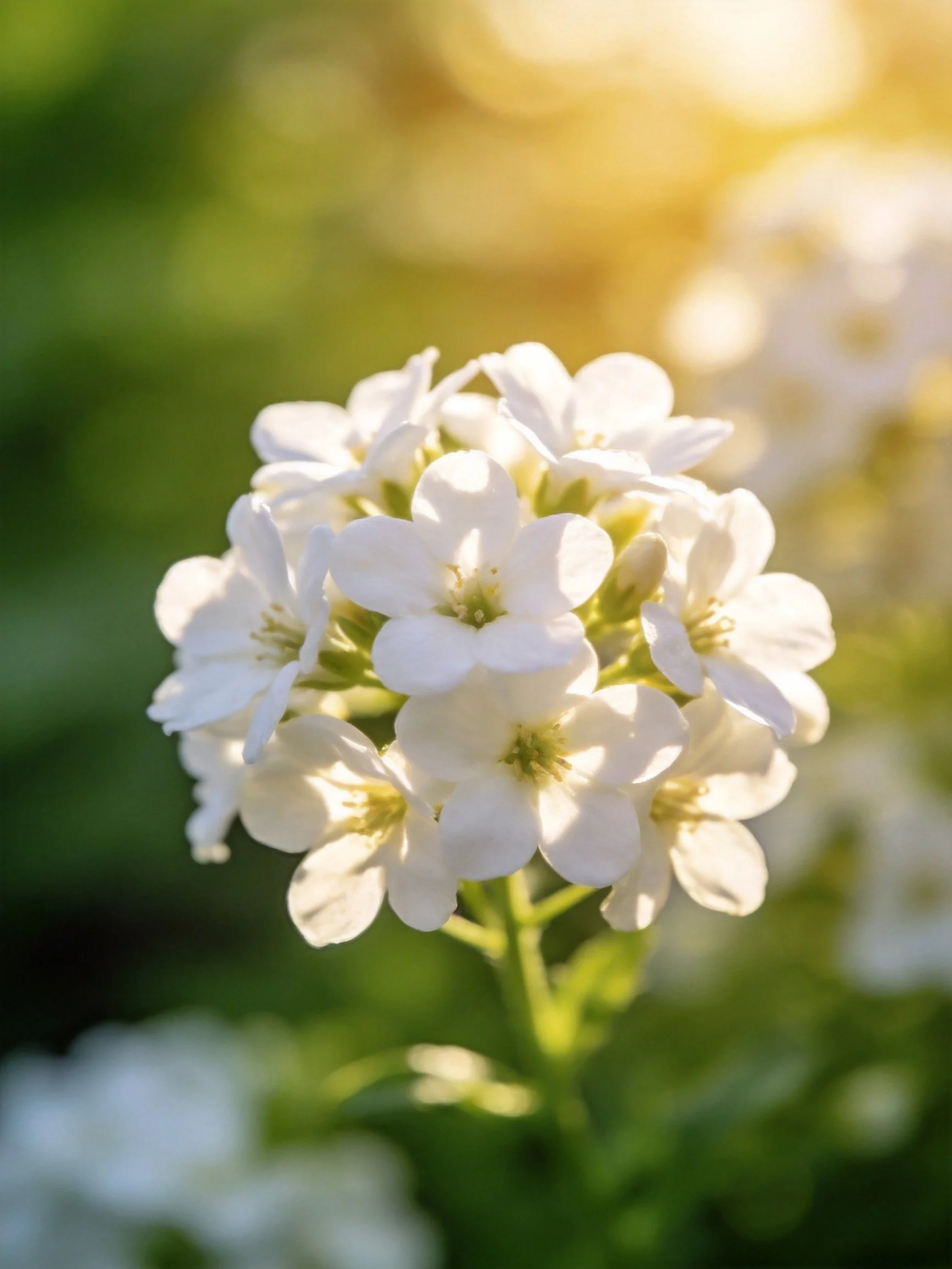 A cluster of delicate white flowers illuminated by golden sunlight