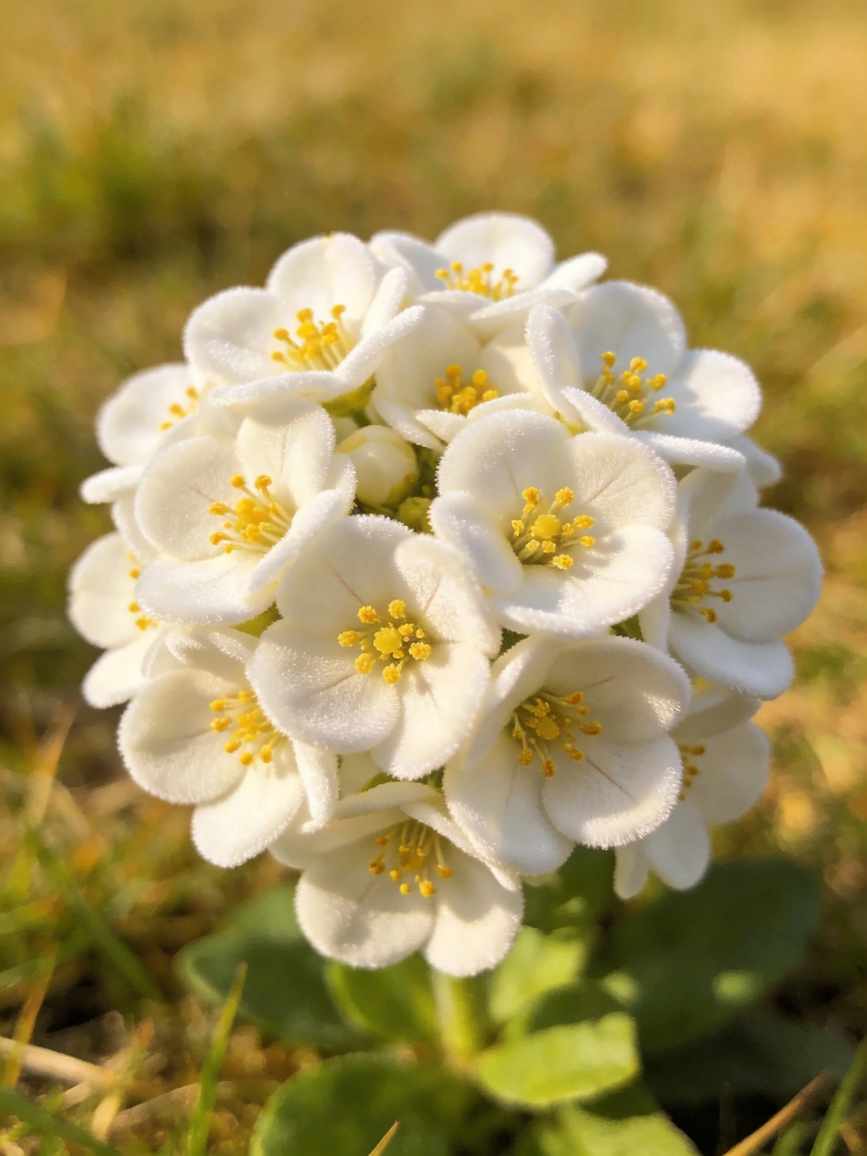 A cluster of delicate white flowers with bright yellow centers amid green foliage