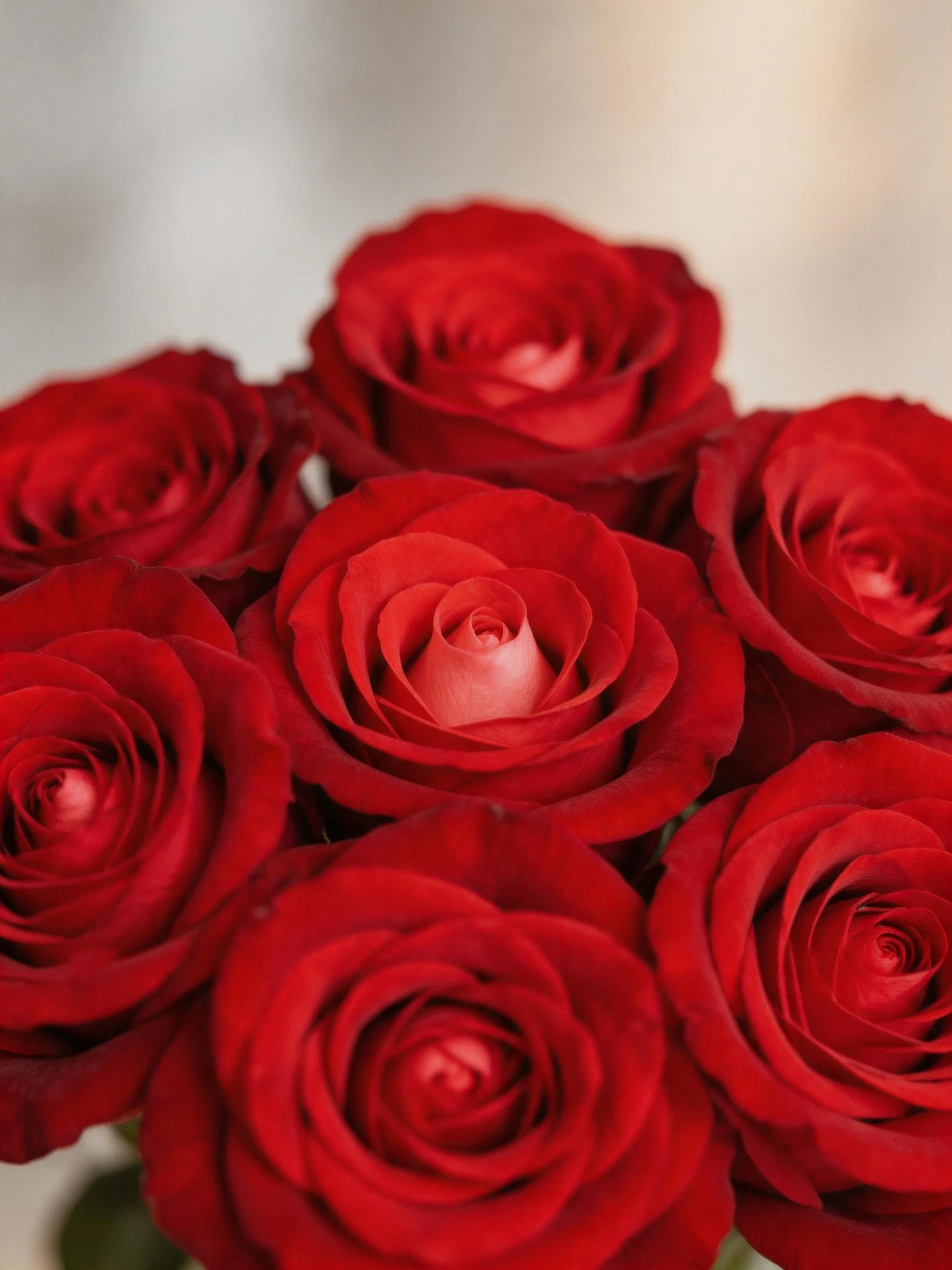 A cluster of eight vibrant red roses arranged closely together