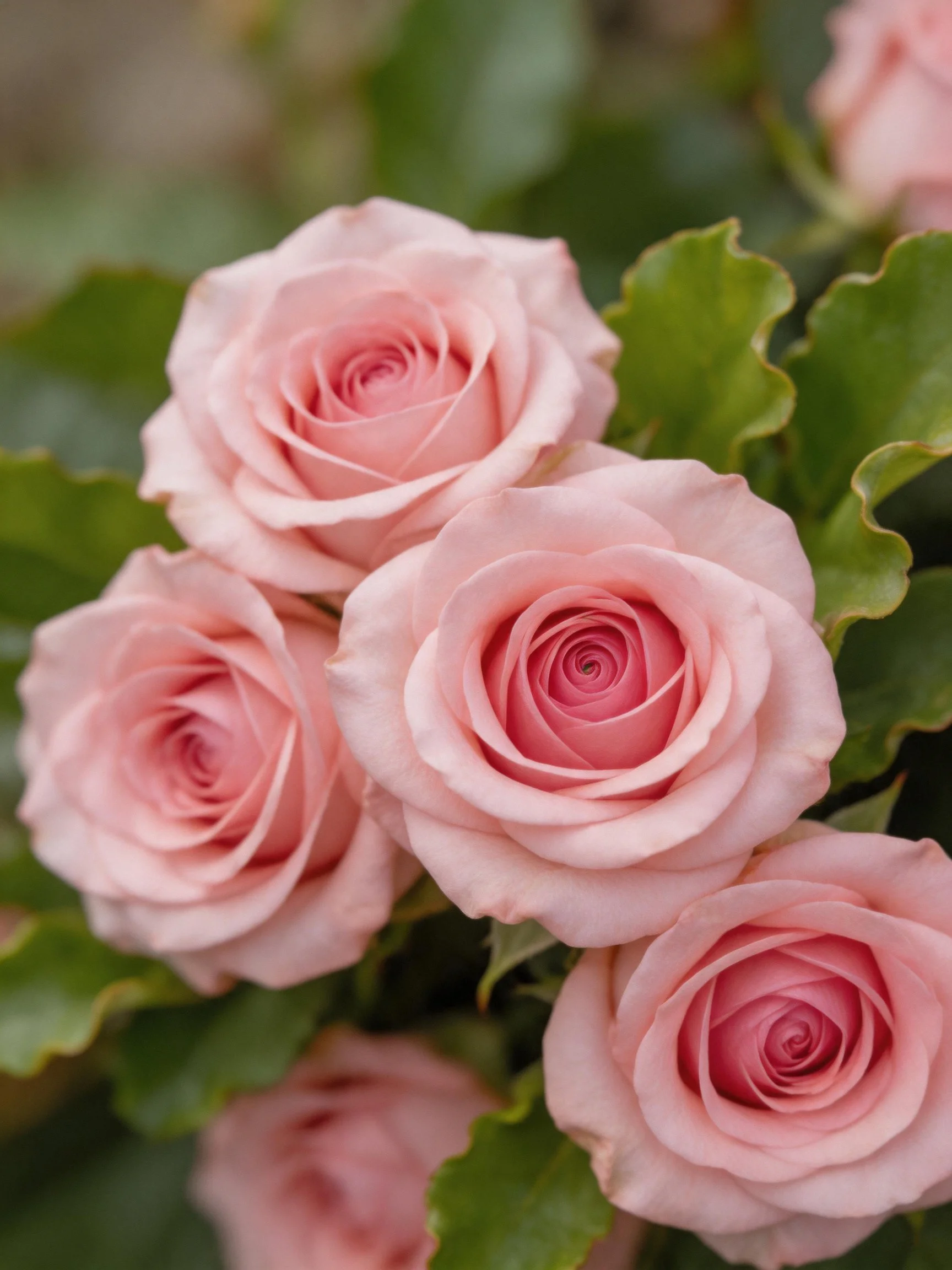 A cluster of five soft pink roses with green foliage