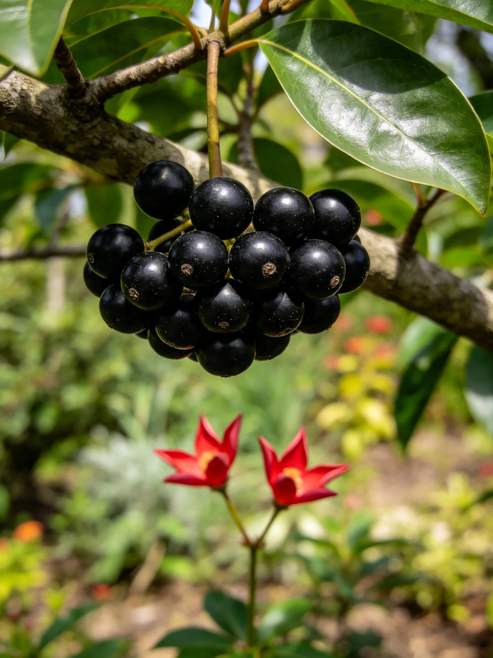 A cluster of glossy black berries hangs from a tree branch with vibrant red flowers below.